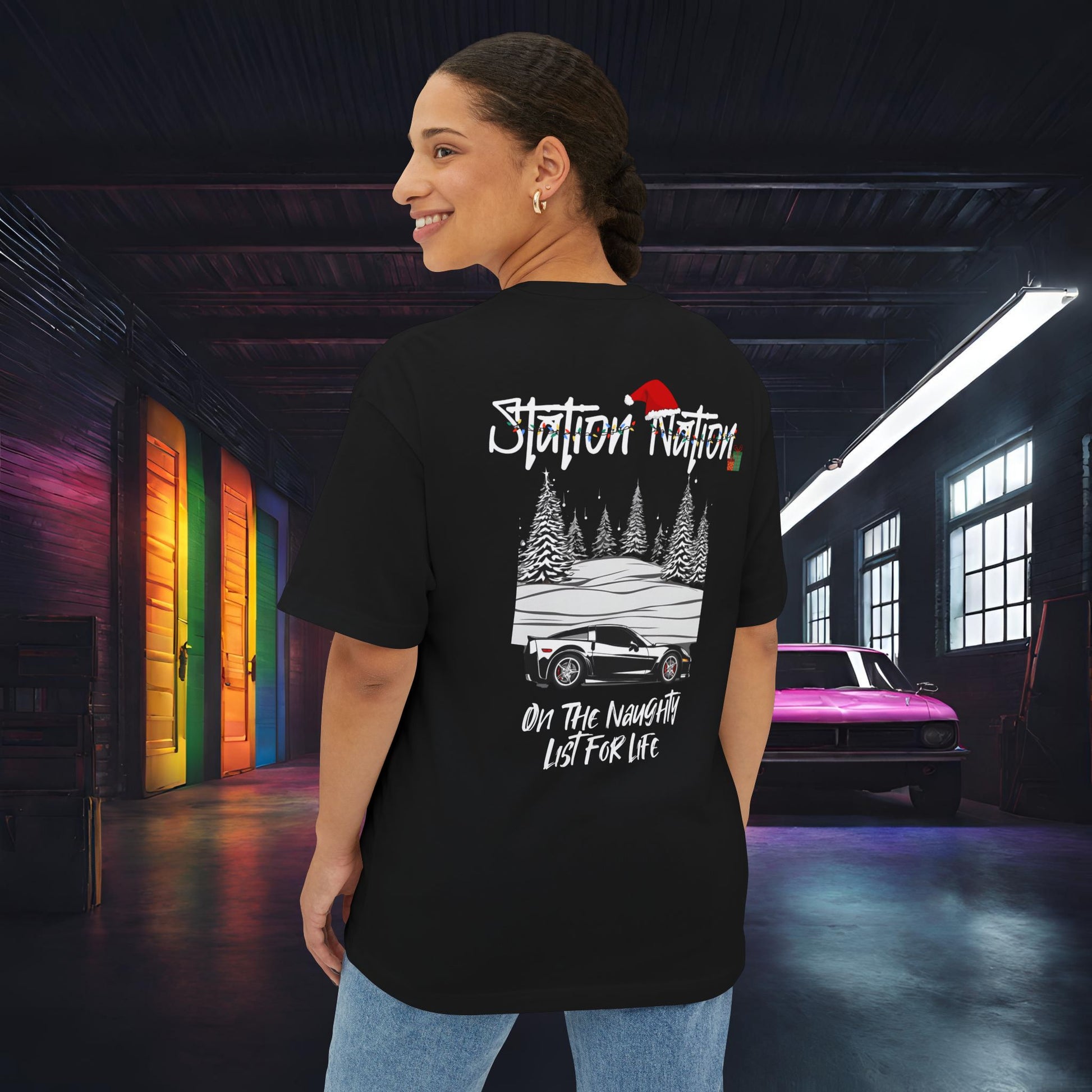 🎄 Christmas Limited Edition Station Nation-Premium, Ultra Soft Unisex Oversized Boxy Tee Black Printify by The Night Shift Automotive Apparel