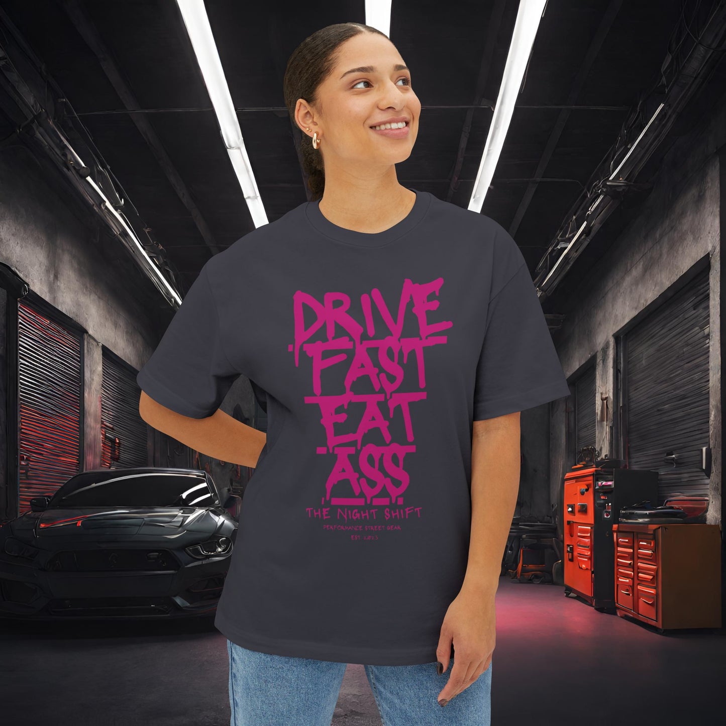 Drive Fast, Eat Ass-Premium, Ultra Soft Unisex Oversized Boxy Tee Printify by The Night Shift Automotive Apparel