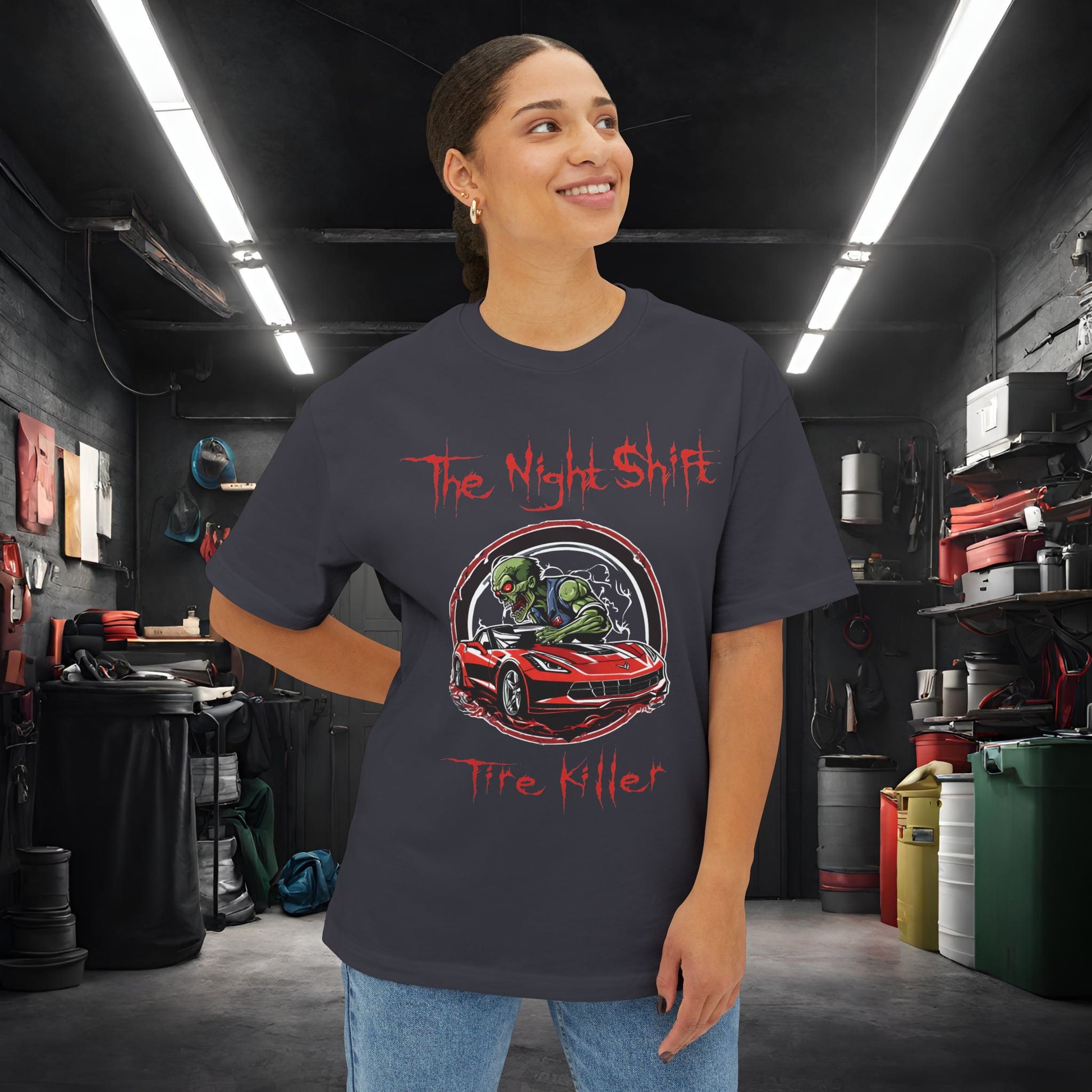 Tire Killer Zombie Corvette-Premium, Ultra Soft Unisex Oversized Boxy Tee Printify by The Night Shift Automotive Apparel