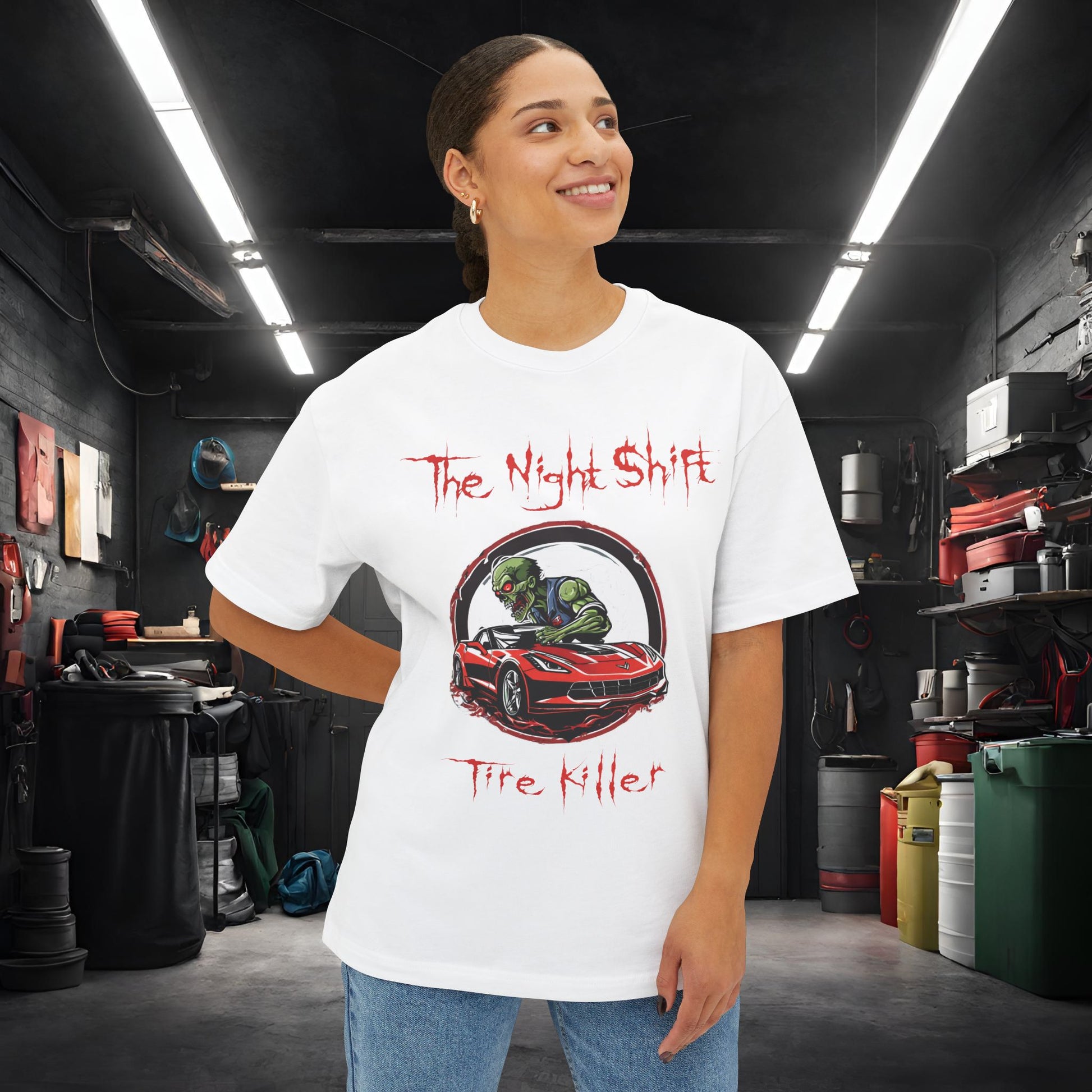 Tire Killer Zombie Corvette-Premium, Ultra Soft Unisex Oversized Boxy Tee Printify by The Night Shift Automotive Apparel