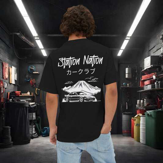 Station Nation-Premium, Ultra Soft Unisex Oversized Boxy Tee Black Printify by The Night Shift Automotive Apparel