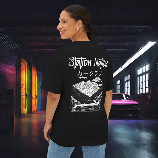 Station Nation-Premium, Ultra Soft Unisex Oversized Boxy Tee Black Printify by The Night Shift Automotive Apparel