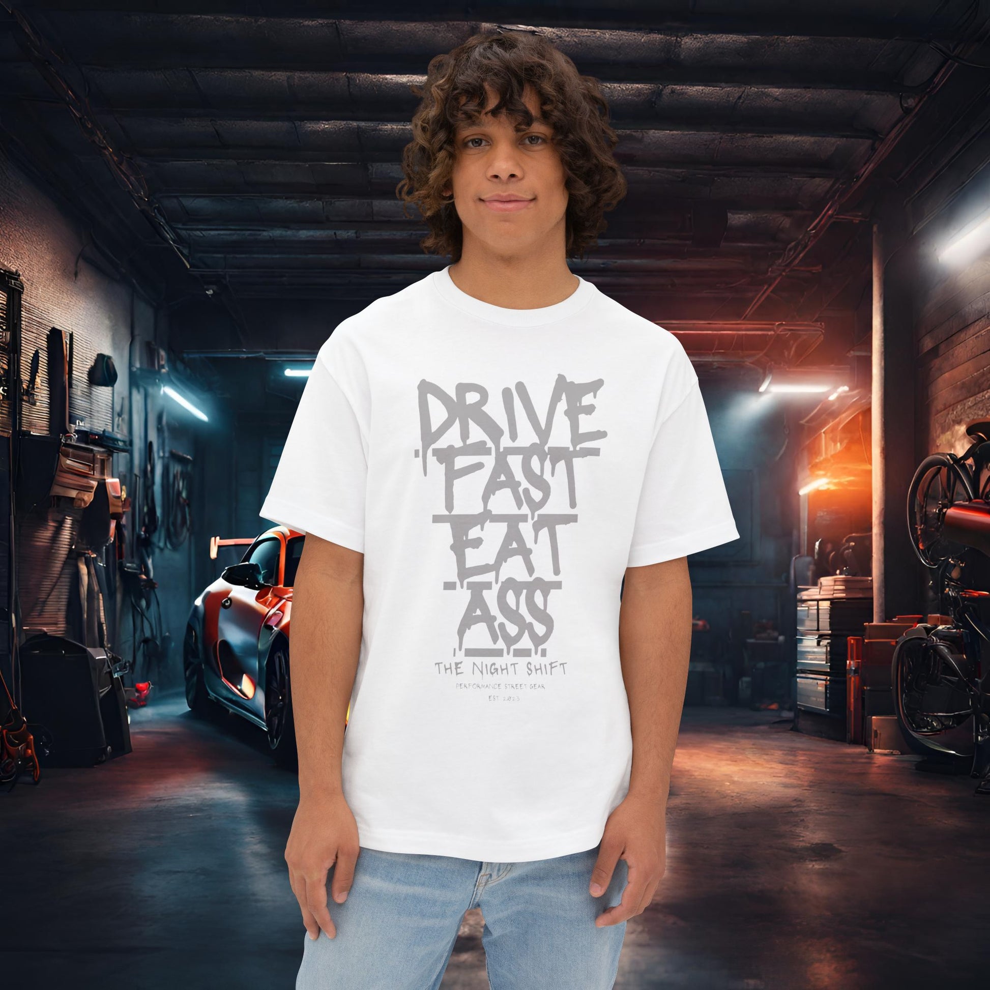 Drive Fast, Eat Ass-Premium, Ultra Soft Unisex Oversized Boxy Tee White Printify by The Night Shift Automotive Apparel