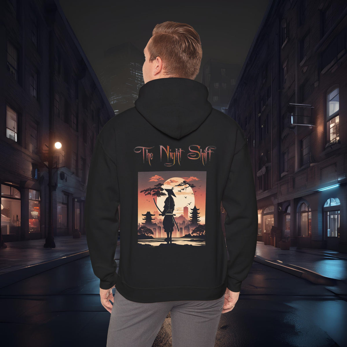 Samurai Full Moon Silhouette-Ultra Soft, Premium Hoodie Black Printify by The Night Shift Automotive Apparel