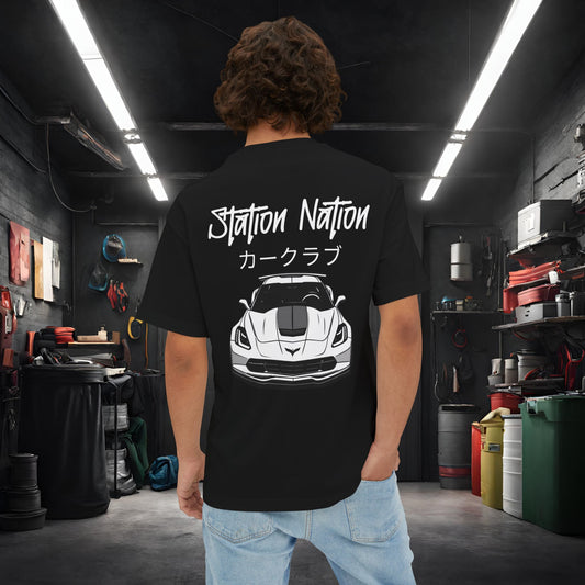 Station Nation-Premium, Ultra Soft Unisex Oversized Boxy Tee Black Printify by The Night Shift Automotive Apparel