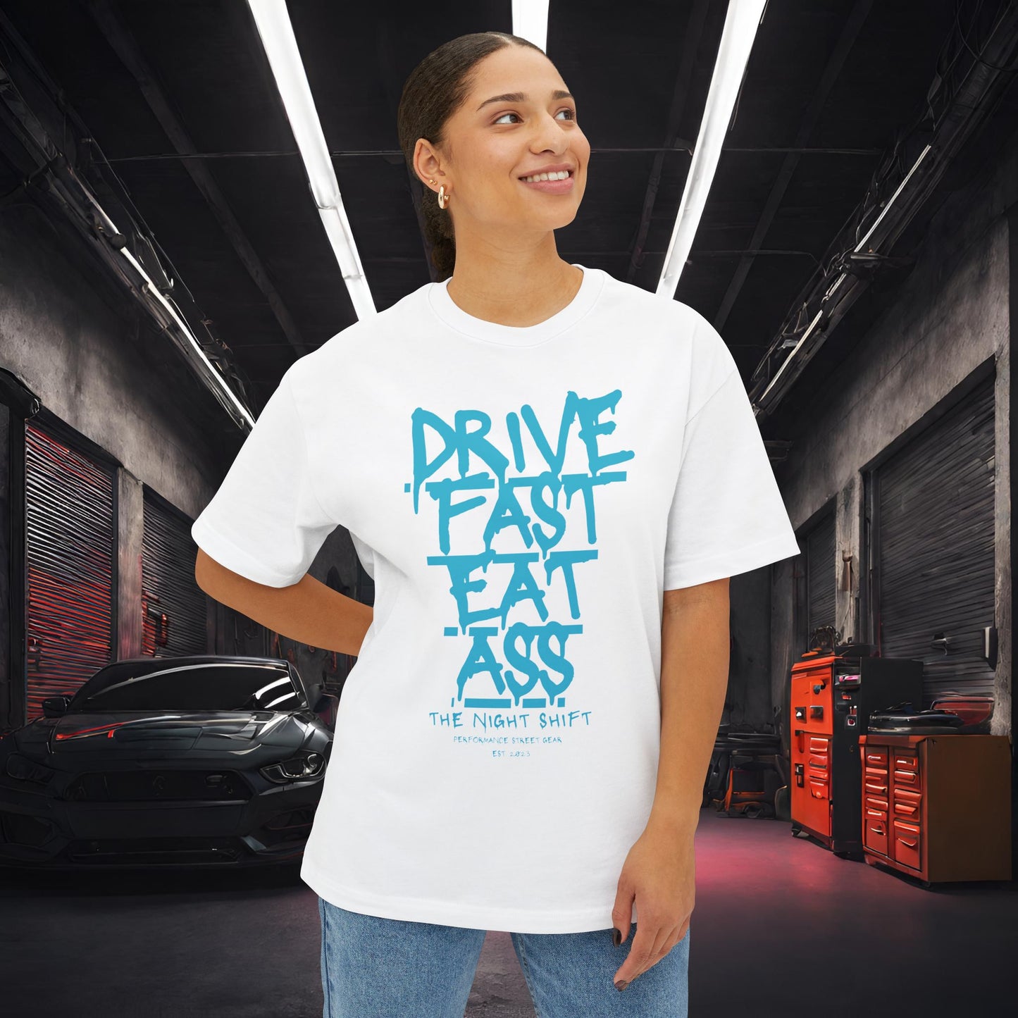 Drive Fast, Eat Ass-Premium, Ultra Soft Unisex Oversized Boxy Tee Printify by The Night Shift Automotive Apparel
