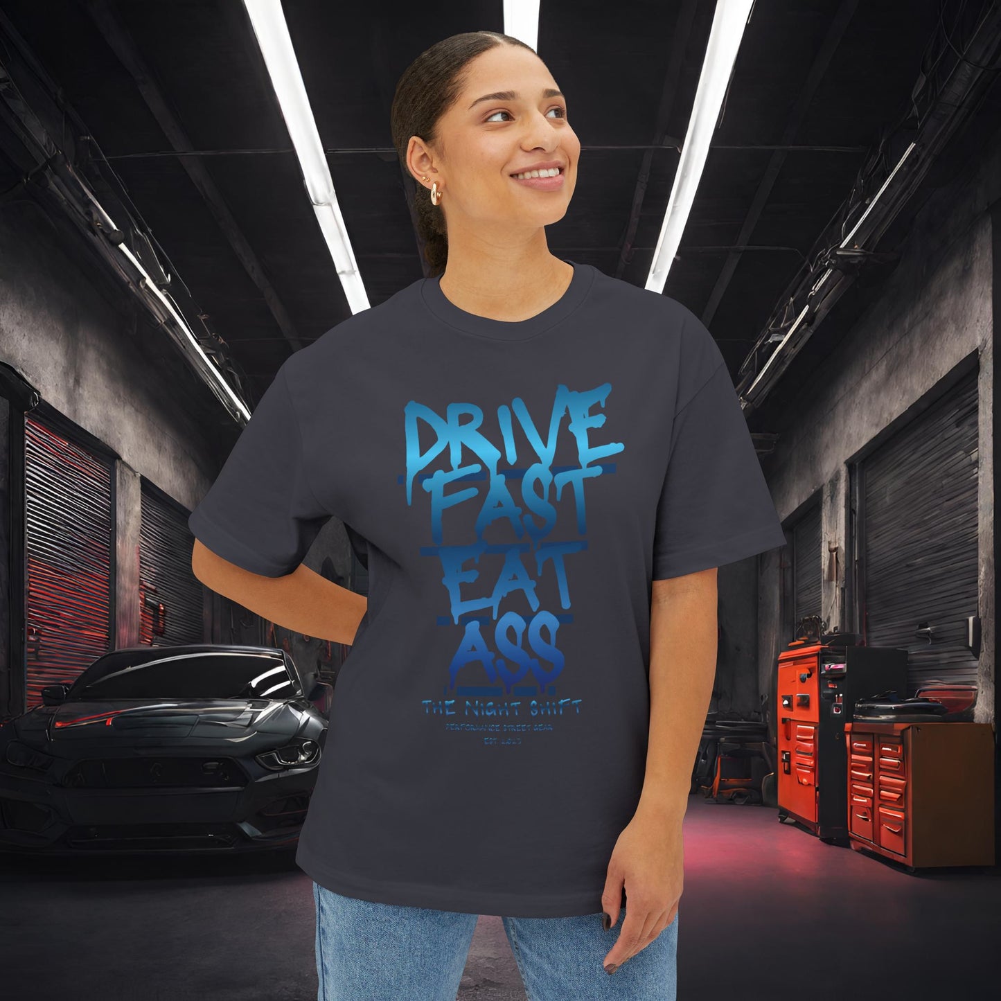 Drive Fast, Eat Ass-Premium, Ultra Soft Unisex Oversized Boxy Tee Printify by The Night Shift Automotive Apparel