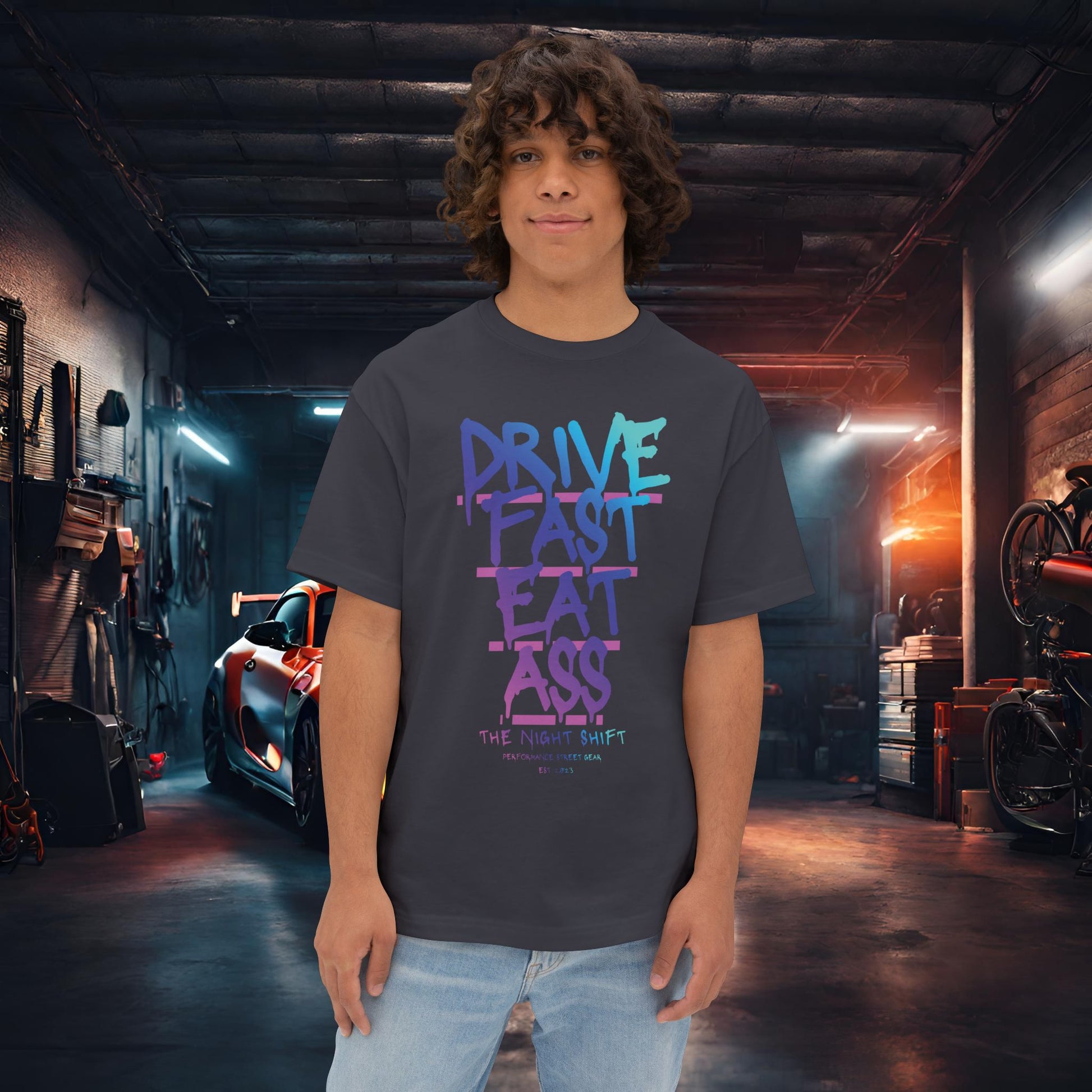Drive Fast, Eat Ass-Premium, Ultra Soft Unisex Oversized Boxy Tee Dark Grey Printify by The Night Shift Automotive Apparel