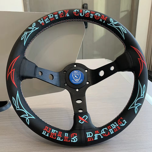 VERTEX CUSTOM Hells Racing 330mm Genuine Leather Embroidered Deep Dish Steering Wheel VERTEX CUSTOM Hells Racing 330mm Genuine Leather Embroidered Deep Dish Steering Wheel The Night Shift Performance Street Gear by The Night Shift Automotive Apparel