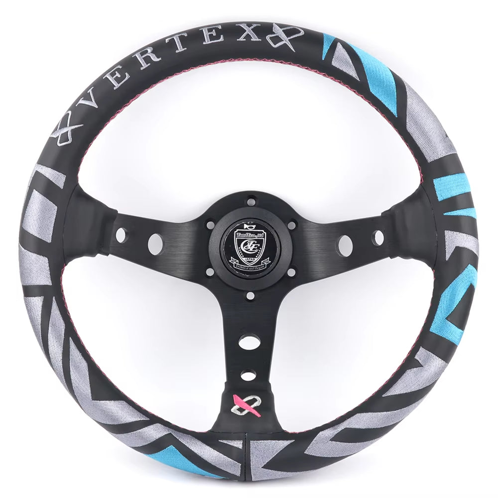 VERTEX 1996 325mm Genuine Leather Embroidered Deep Dish Steering Wheels Black Blue The Night Shift Performance Street Gear by The Night Shift Automotive Apparel