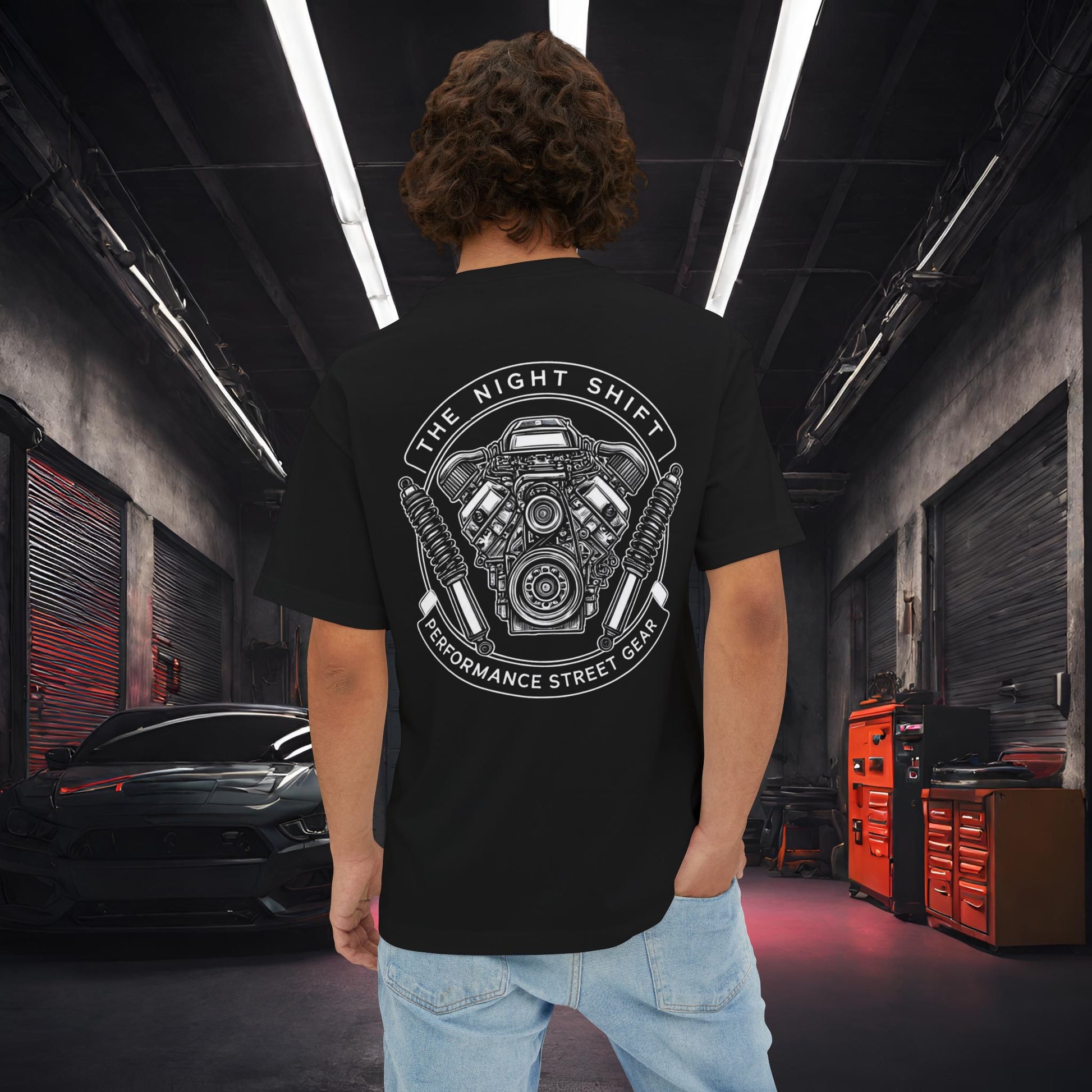 The Night Shift Performance Engine-Ultra Soft, Premium Unisex Oversized Boxy Tee Black Printify by The Night Shift Automotive Apparel