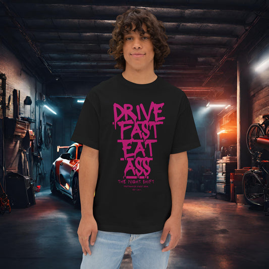 Drive Fast, Eat Ass-Premium, Ultra Soft Unisex Oversized Boxy Tee Black Printify by The Night Shift Automotive Apparel