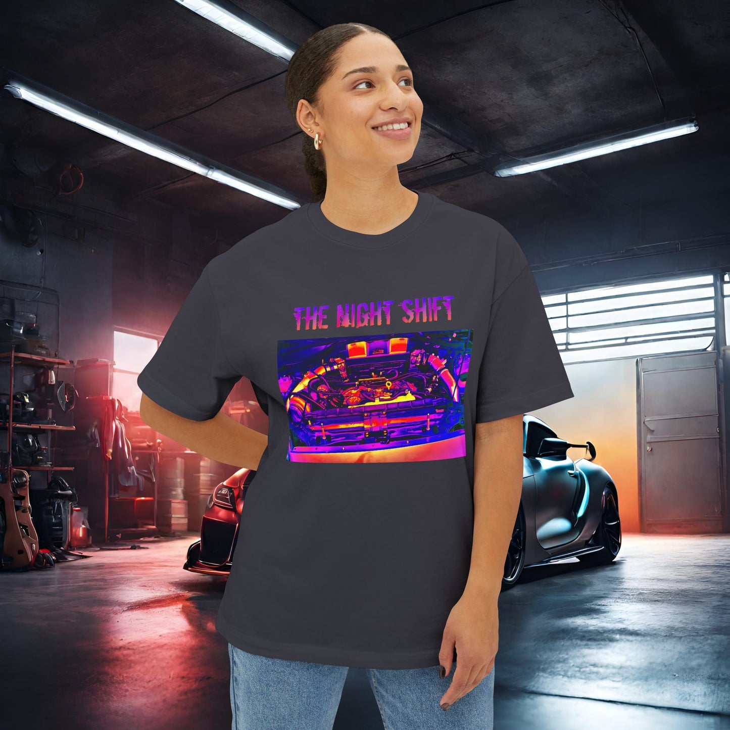 VQ37VHR Single Turbo-Premium, Ultra Soft Synthwave Unisex Oversized Boxy Tee Printify by The Night Shift Automotive Apparel