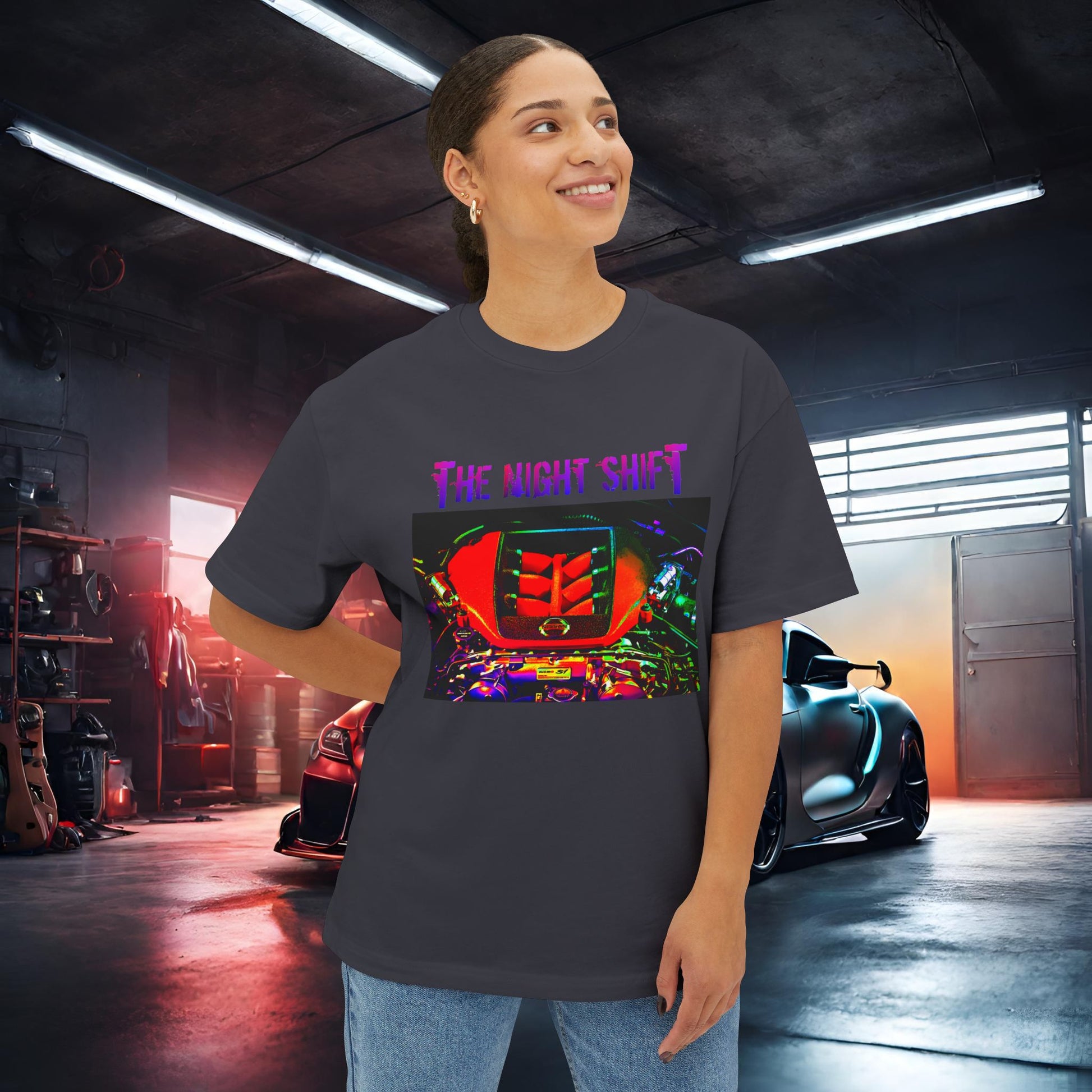 VR38DETT Synthwave-Premium, Ultra SoftUnisex Oversized Boxy Tee Printify by The Night Shift Automotive Apparel