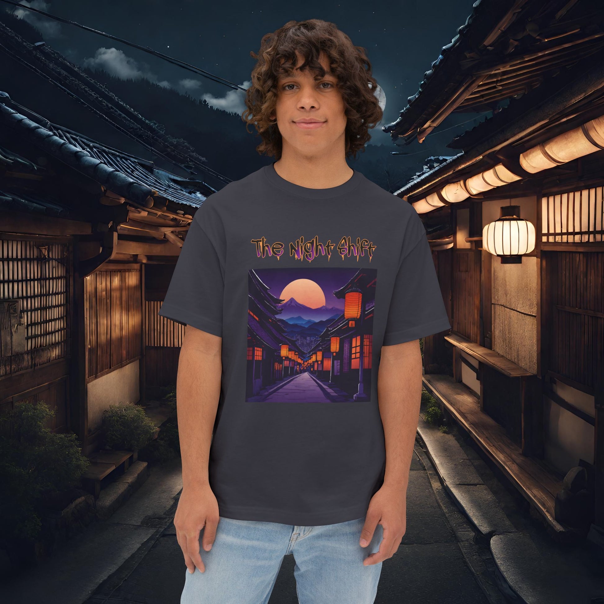 Moonlit Japanese Traditional Village-Premium, Ultra Soft Unisex Oversized Boxy Tee Dark Grey Printify by The Night Shift Automotive Apparel