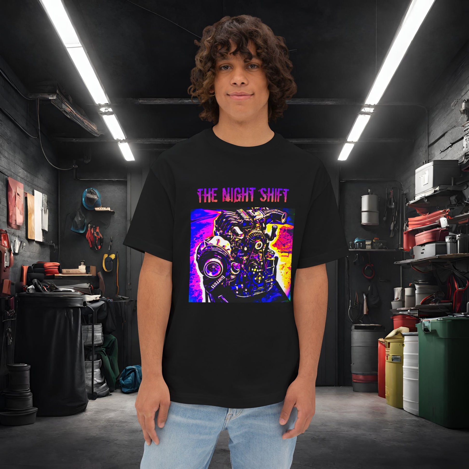 13B-REW Synthwave-Premium, Ultra Soft Unisex Oversized Boxy Tee Black Printify by The Night Shift Automotive Apparel