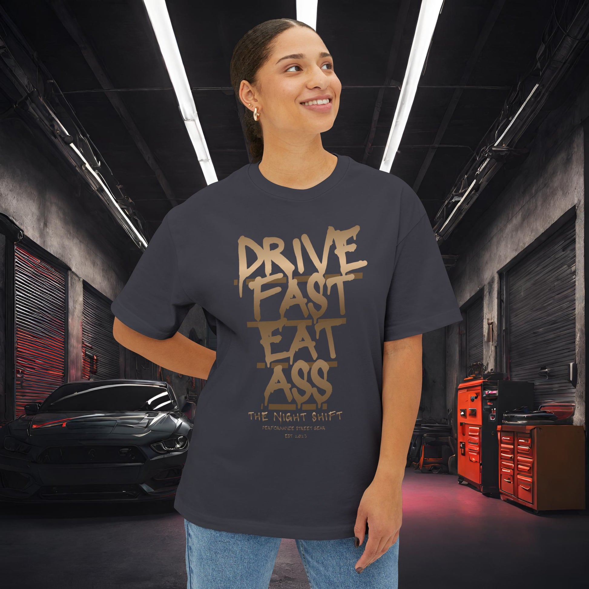Drive Fast, Eat Ass-Premium, Ultra Soft Unisex Oversized Boxy Tee Printify by The Night Shift Automotive Apparel