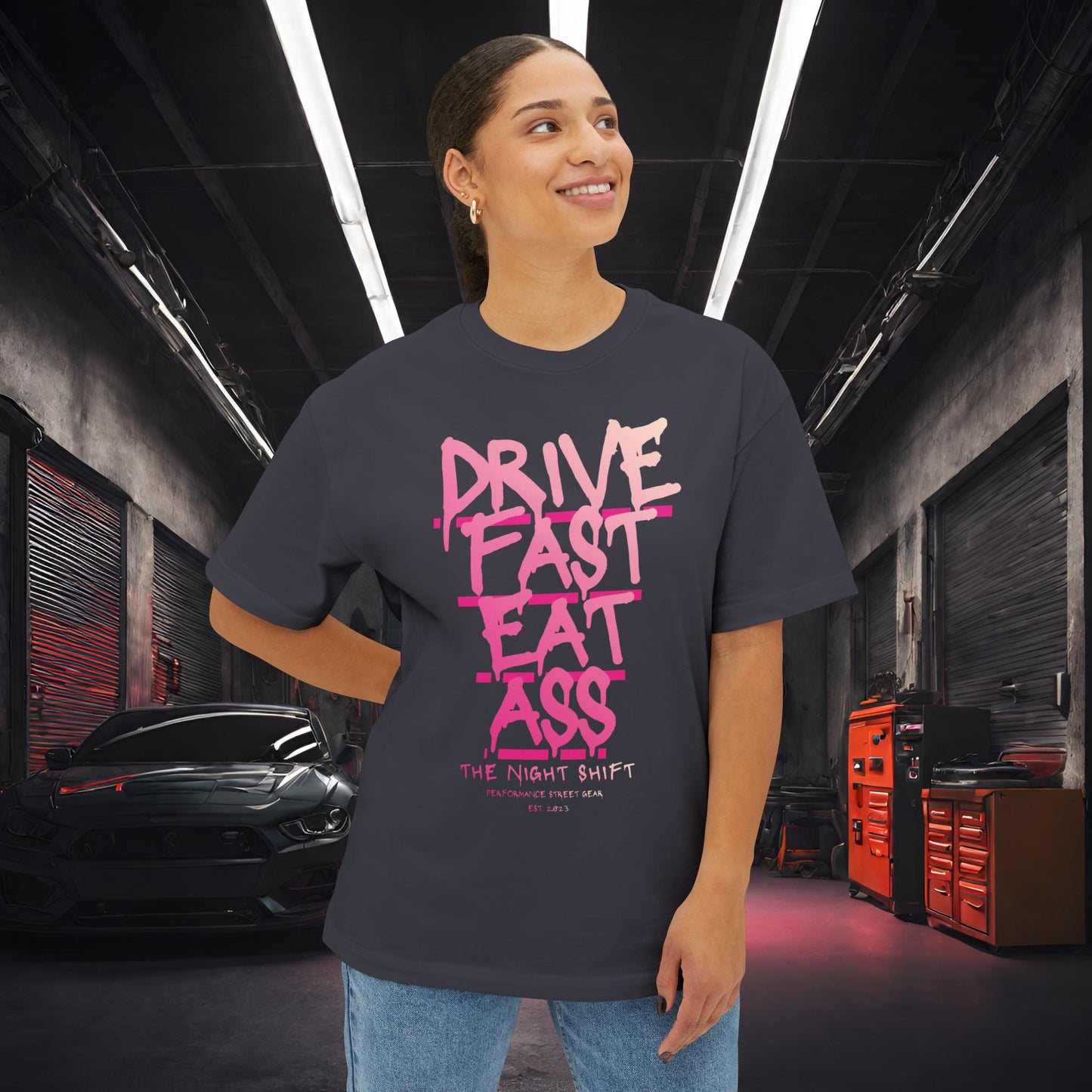 Drive Fast, Eat Ass-Premium, Ultra Soft Unisex Oversized Boxy Tee Printify by The Night Shift Automotive Apparel