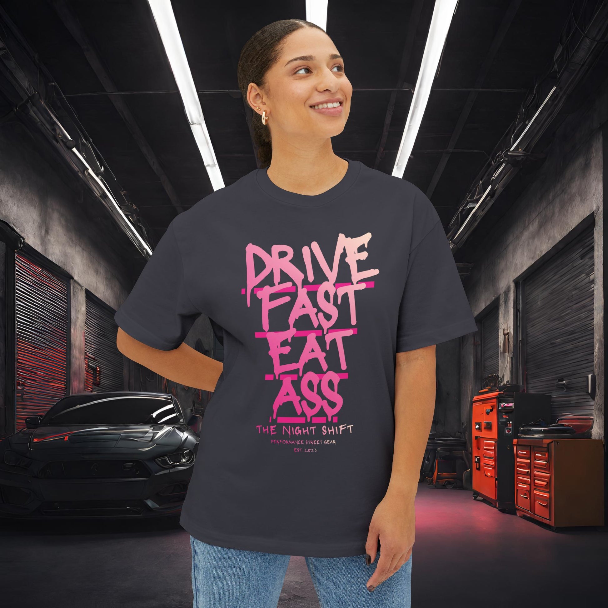 Drive Fast, Eat Ass-Premium, Ultra Soft Unisex Oversized Boxy Tee Printify by The Night Shift Automotive Apparel