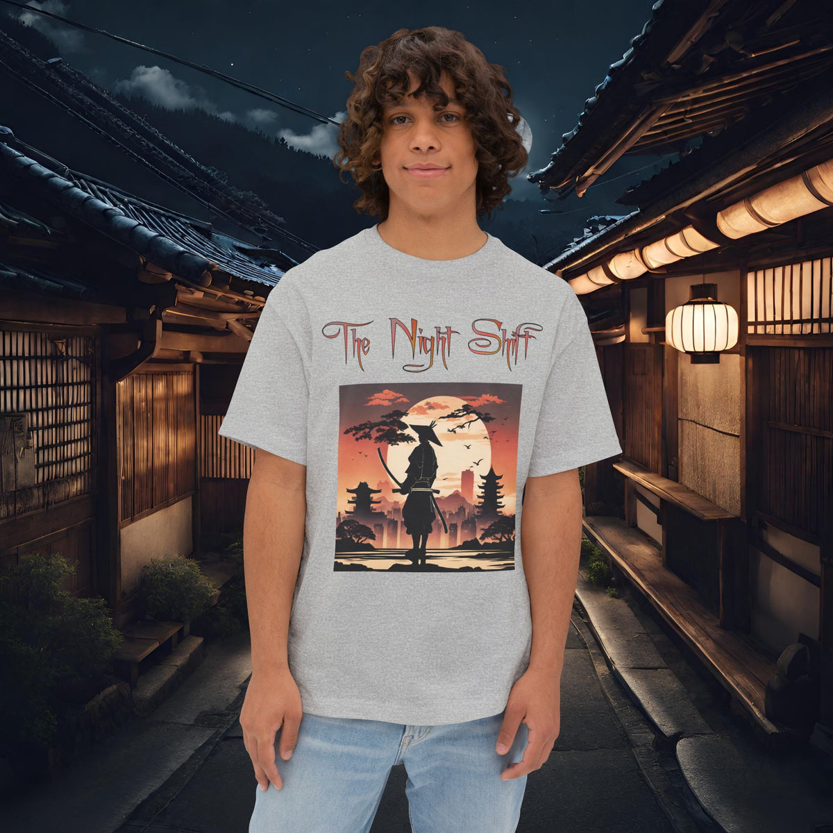 Samurai Full Moon Silhouette-Premium, Ultra Soft Unisex Oversized Boxy Tee Athletic Heather Printify by The Night Shift Automotive Apparel