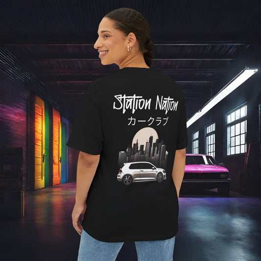Station Nation-Premium, Ultra Soft Unisex Oversized Boxy Tee Black Printify by The Night Shift Automotive Apparel