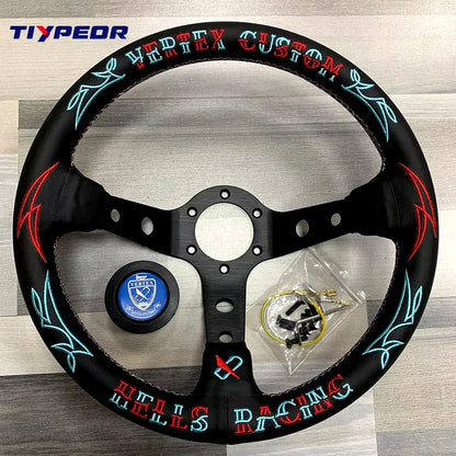 VERTEX CUSTOM Hells Racing 330mm Genuine Leather Embroidered Deep Dish Steering Wheel The Night Shift Performance Street Gear by The Night Shift Automotive Apparel