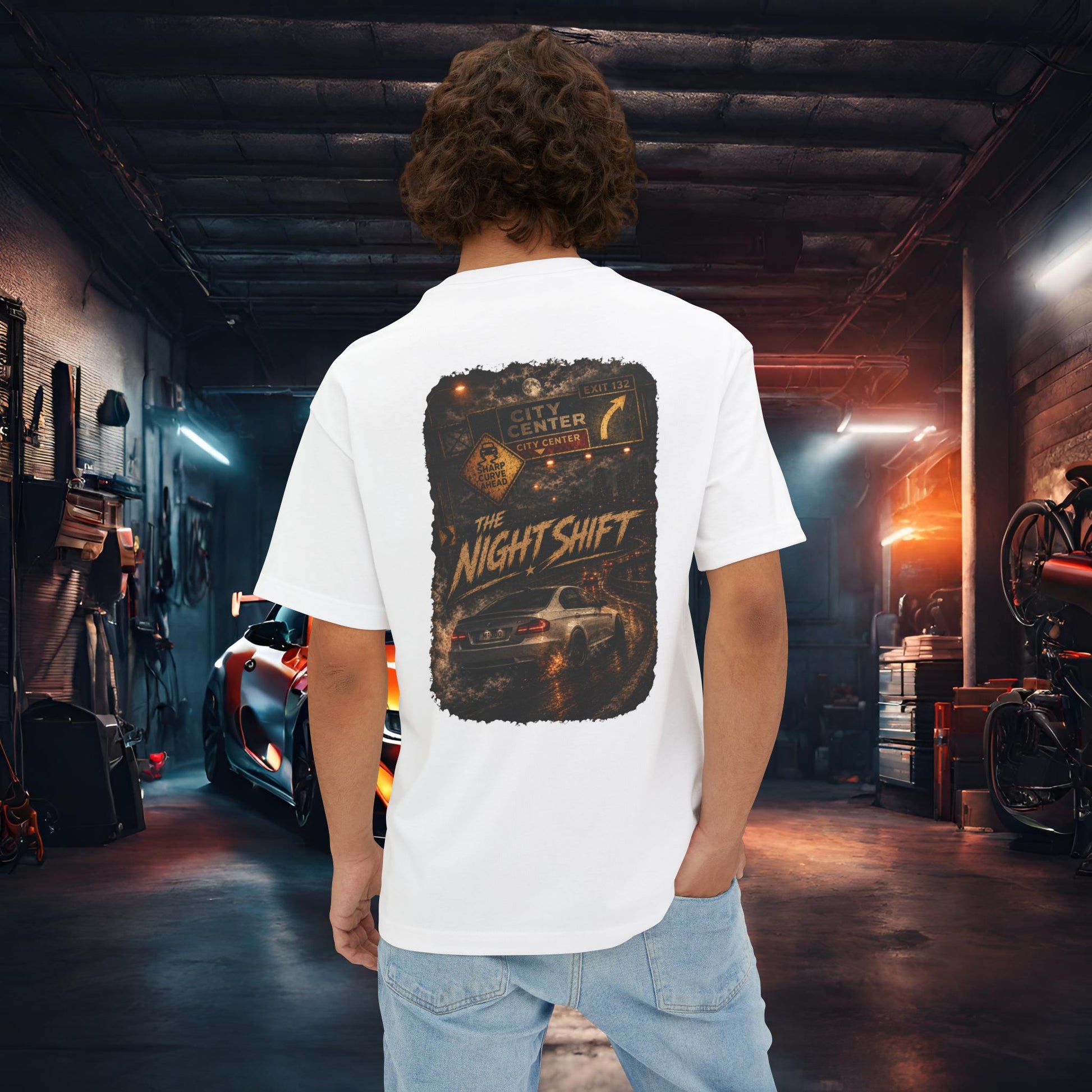 BMW M3 E90 Street Drift-Premium, Ultra Soft Unisex Oversized Boxy Tee White Printify by The Night Shift Automotive Apparel