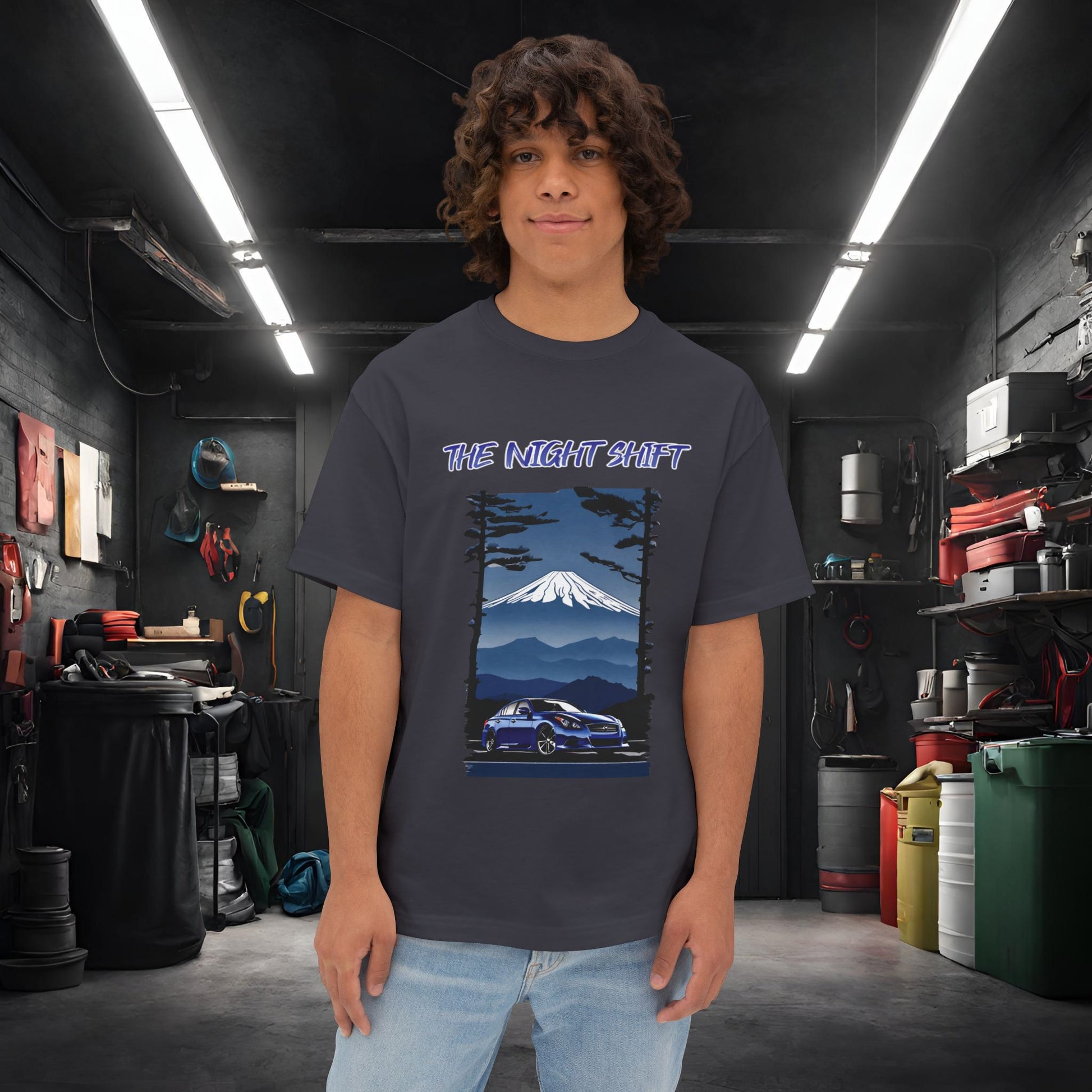 Infiniti G37 Sedan Mt Fuji-Premium, Ultra Soft Unisex Oversized Boxy Tee Dark Grey Printify by The Night Shift Automotive Apparel