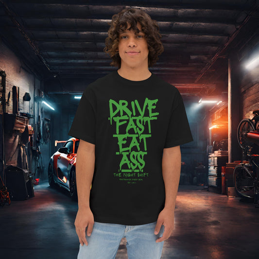 Drive Fast, Eat Ass-Premium, Ultra Soft Unisex Oversized Boxy Tee Black Printify by The Night Shift Automotive Apparel