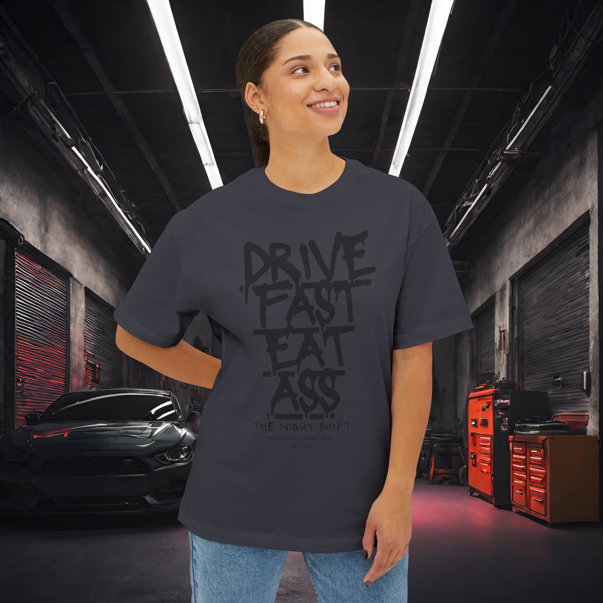 Drive Fast, Eat Ass-Premium, Ultra Soft Unisex Oversized Boxy Tee Printify by The Night Shift Automotive Apparel