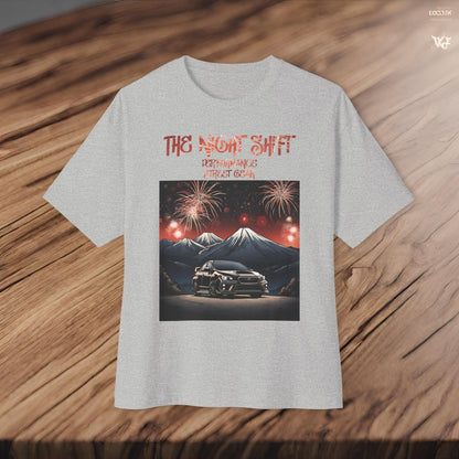 Subaru WRX/STI Fireworks In The Mountains-Premium, Ultra Soft Unisex Oversized Boxy Tee Printify by The Night Shift Automotive Apparel