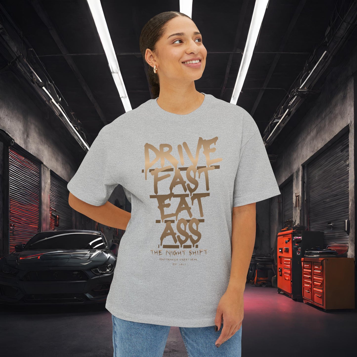 Drive Fast, Eat Ass-Premium, Ultra Soft Unisex Oversized Boxy Tee Printify by The Night Shift Automotive Apparel