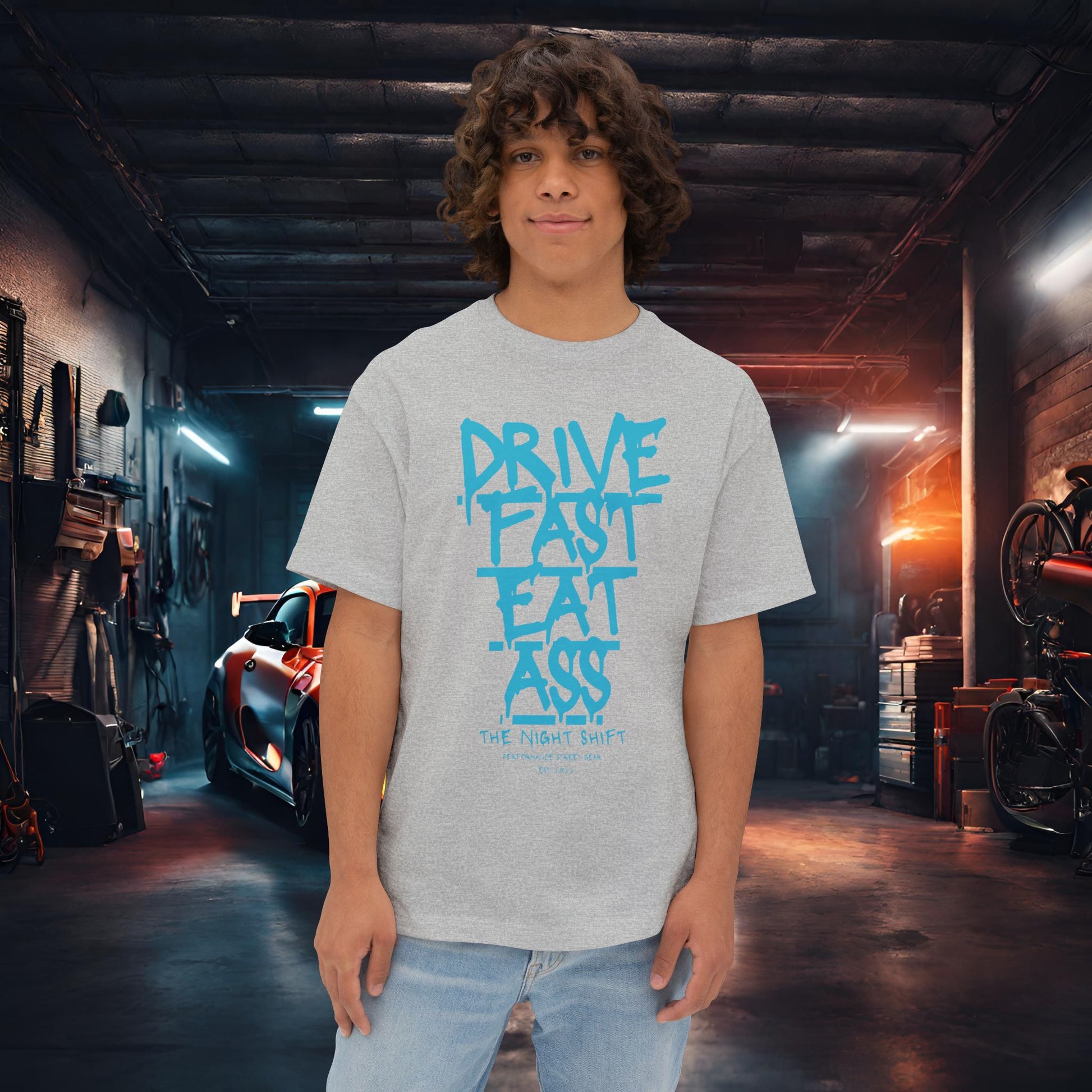 Drive Fast, Eat Ass-Premium, Ultra Soft Unisex Oversized Boxy Tee Athletic Heather Printify by The Night Shift Automotive Apparel