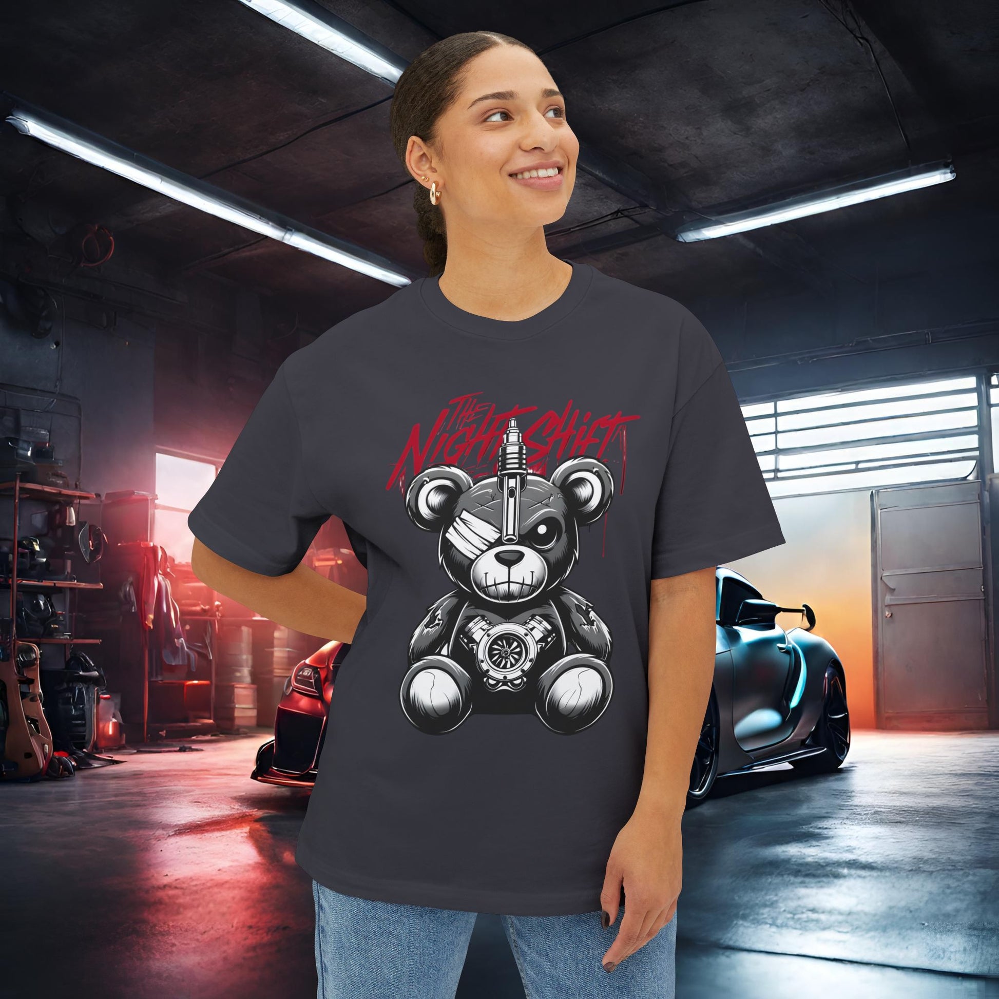 The Night Shift Tattered Teddy-Premium, Ultra Soft Unisex Oversized Boxy Tee Printify by The Night Shift Automotive Apparel