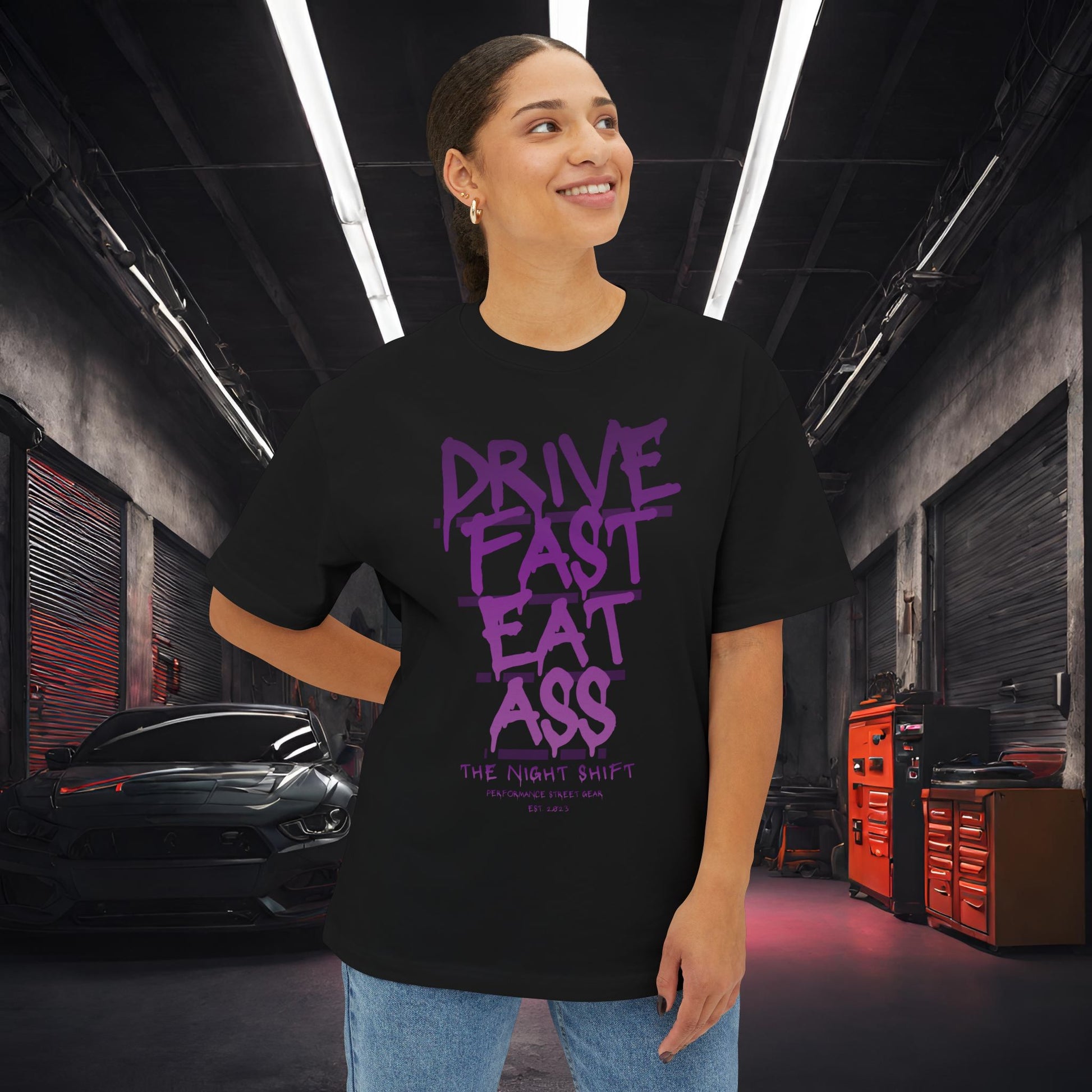 Drive Fast, Eat Ass-Premium, Ultra Soft Unisex Oversized Boxy Tee Printify by The Night Shift Automotive Apparel