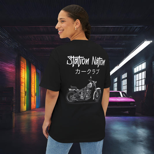 Station Nation-Premium, Ultra Soft Unisex Oversized Boxy Tee Black Printify by The Night Shift Automotive Apparel