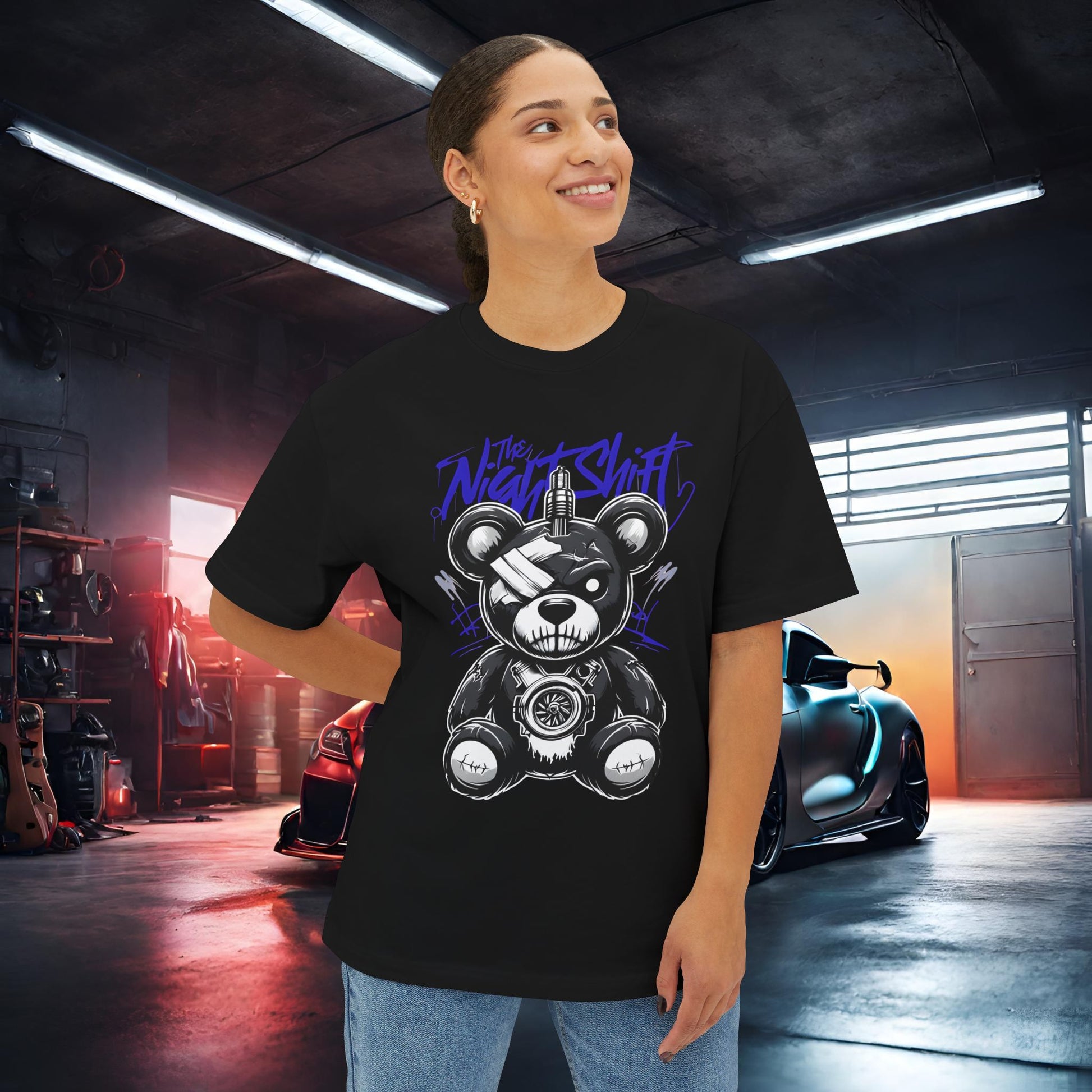 The Night Shift Tattered Teddy-Premium, Ultra Soft Unisex Oversized Boxy Tee Printify by The Night Shift Automotive Apparel