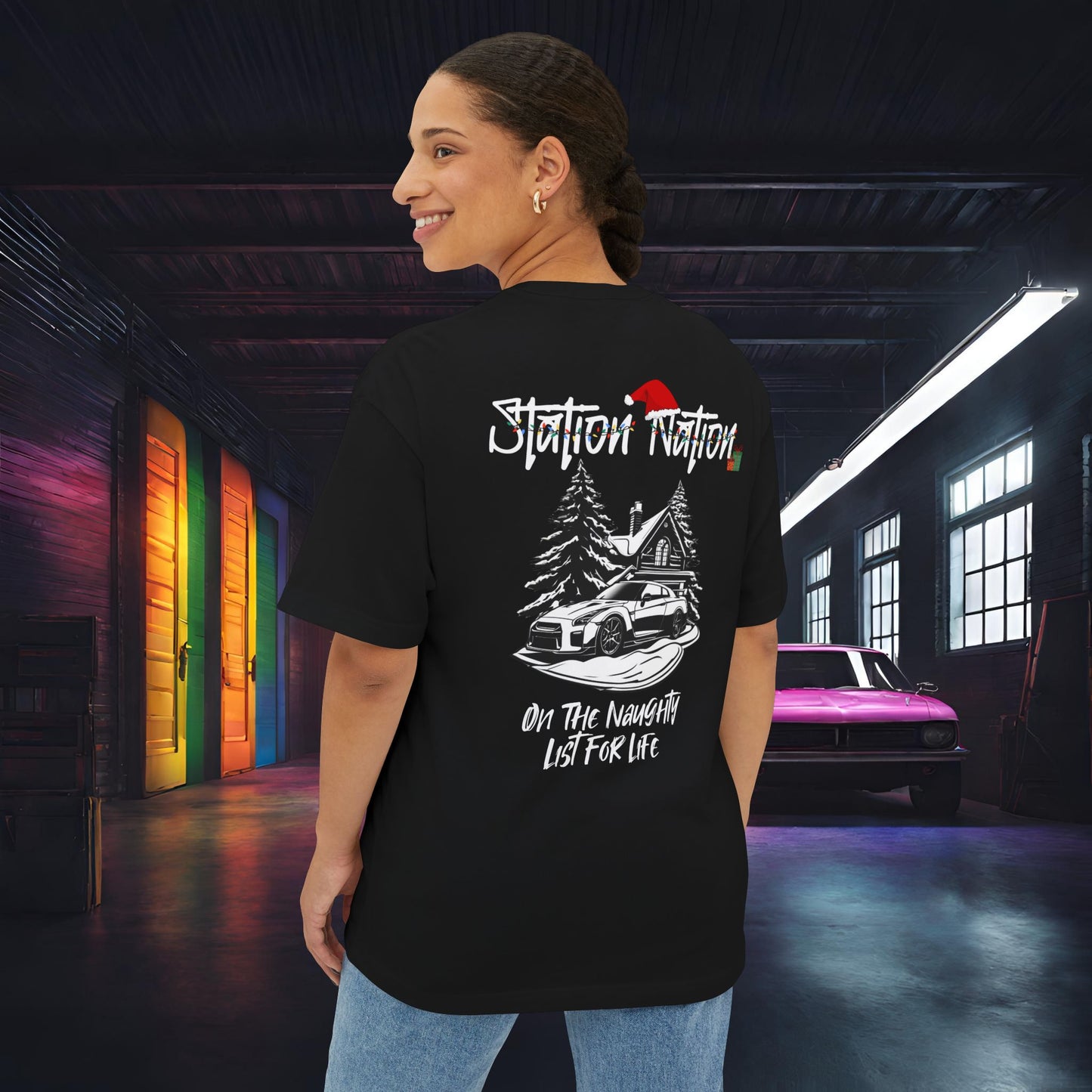 🎄 Christmas Limited Edition Station Nation-Premium, Ultra Soft Unisex Oversized Boxy Tee Black Printify by The Night Shift Automotive Apparel