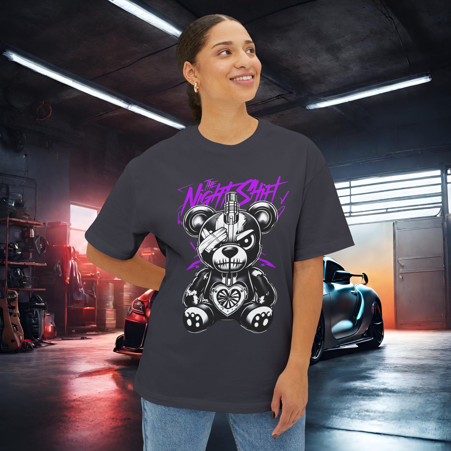The Night Shift Tattered Teddy-Premium, Ultra Soft Unisex Oversized Boxy Tee Printify by The Night Shift Automotive Apparel
