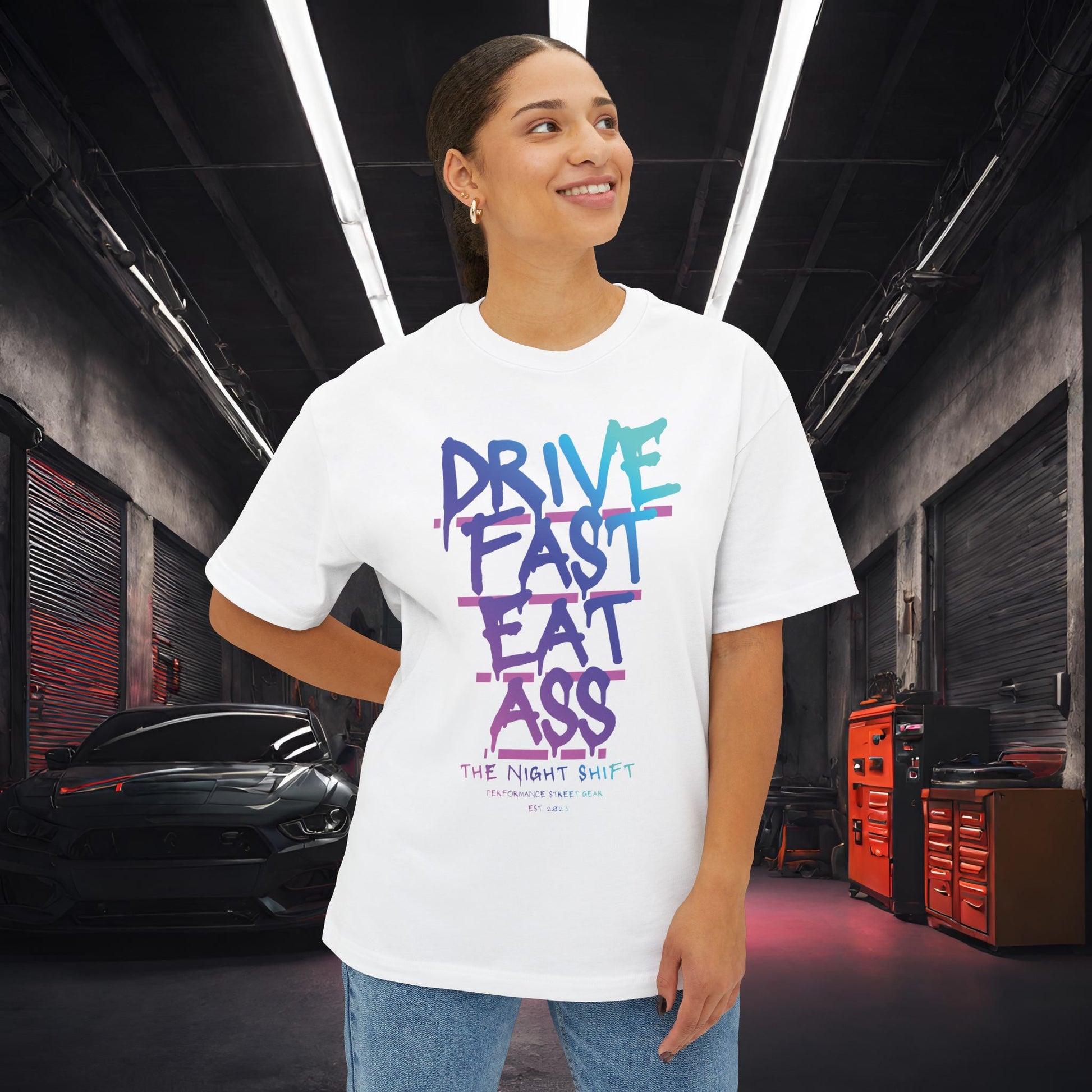 Drive Fast, Eat Ass-Premium, Ultra Soft Unisex Oversized Boxy Tee Printify by The Night Shift Automotive Apparel