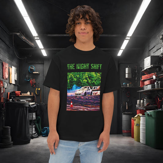 Nissan 370z Drifting Nedco NHMS-Premium, Ultra Soft Unisex Oversized Boxy Tee Black Printify by The Night Shift Automotive Apparel