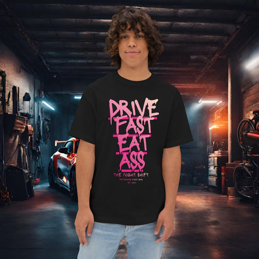 Drive Fast, Eat Ass-Premium, Ultra Soft Unisex Oversized Boxy Tee Black Printify by The Night Shift Automotive Apparel