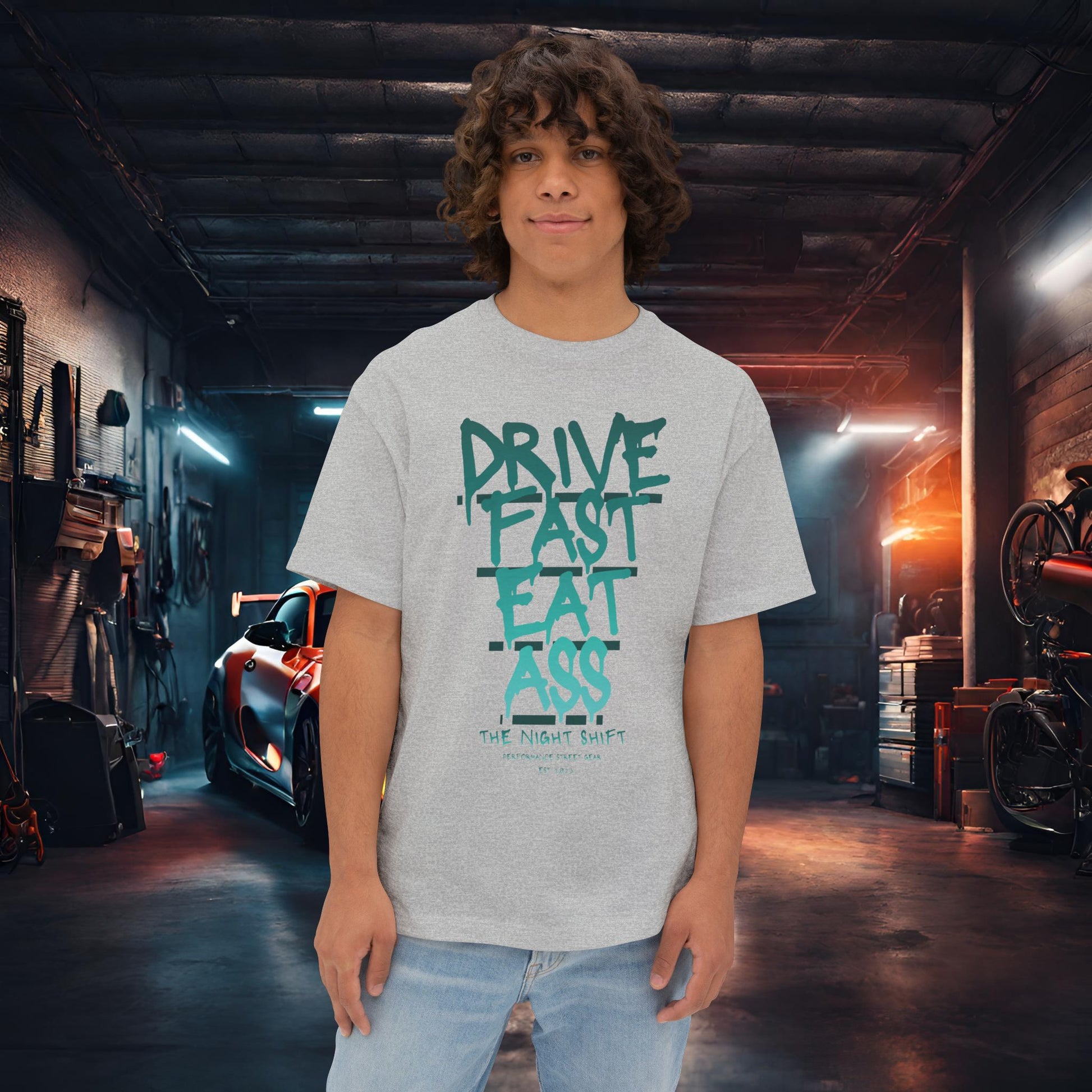 Drive Fast, Eat Ass-Premium, Ultra Soft Unisex Oversized Boxy Tee Athletic Heather Printify by The Night Shift Automotive Apparel