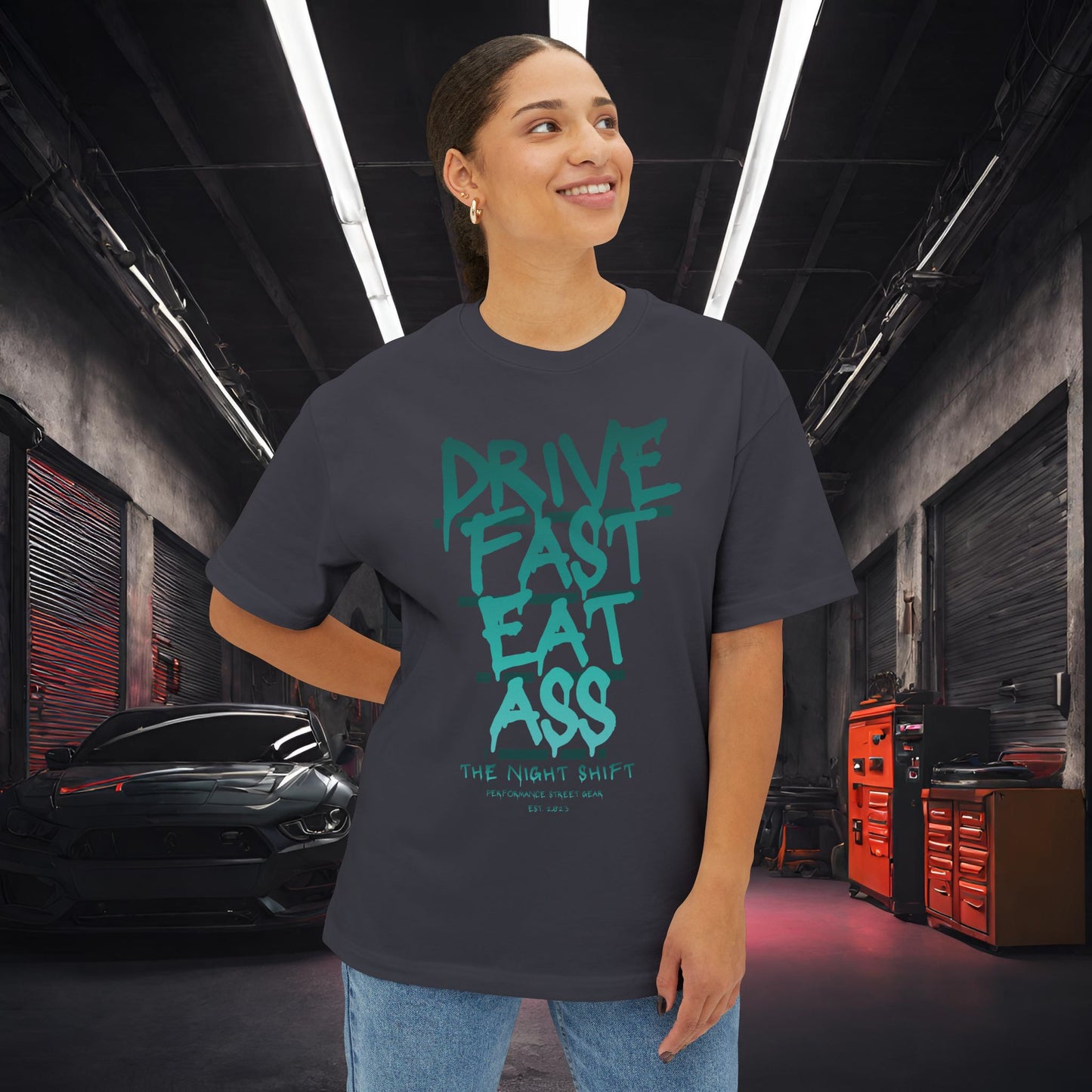 Drive Fast, Eat Ass-Premium, Ultra Soft Unisex Oversized Boxy Tee Printify by The Night Shift Automotive Apparel
