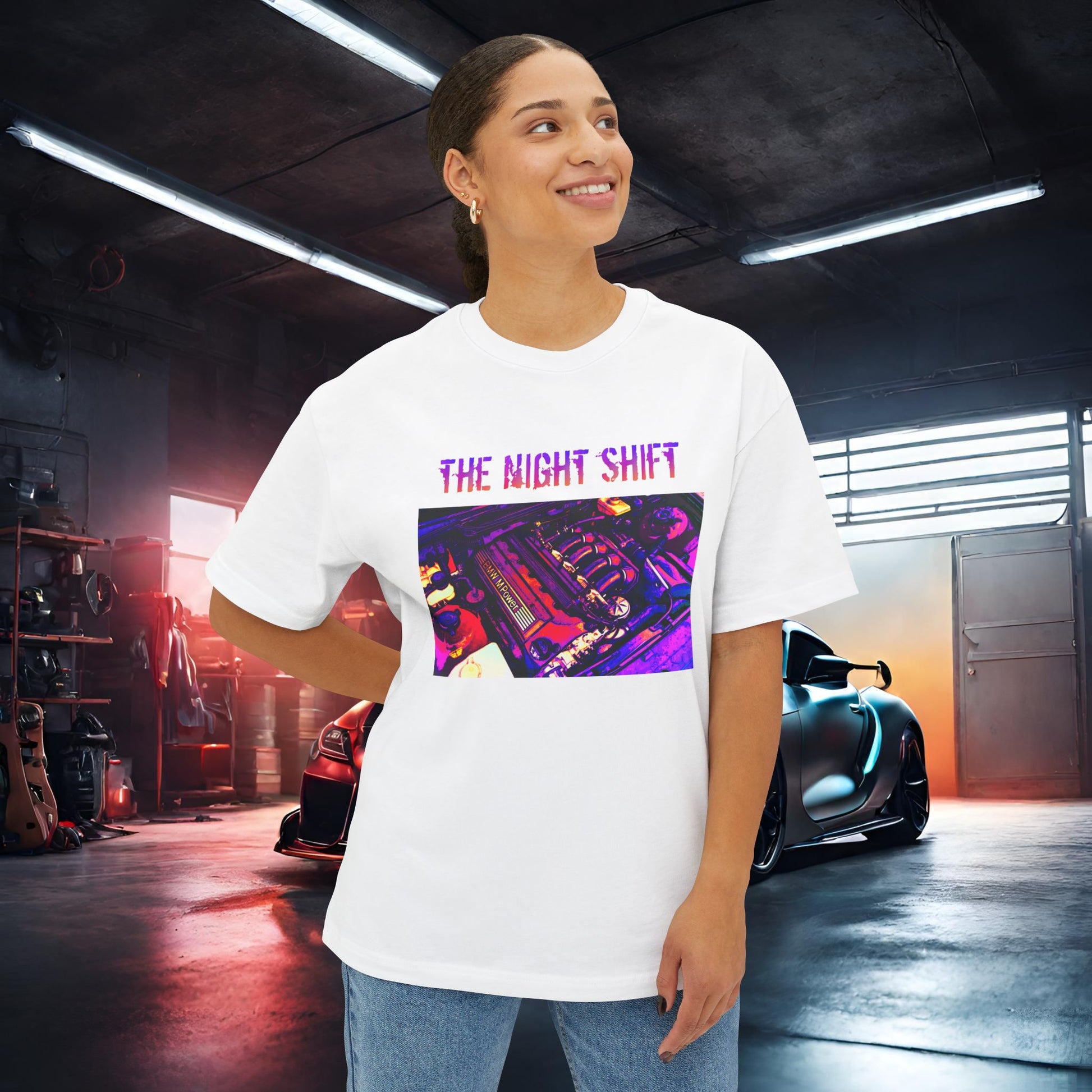 S50B32 Synthwave-Premium, Ultra Soft Unisex Oversized Boxy Tee Printify by The Night Shift Automotive Apparel