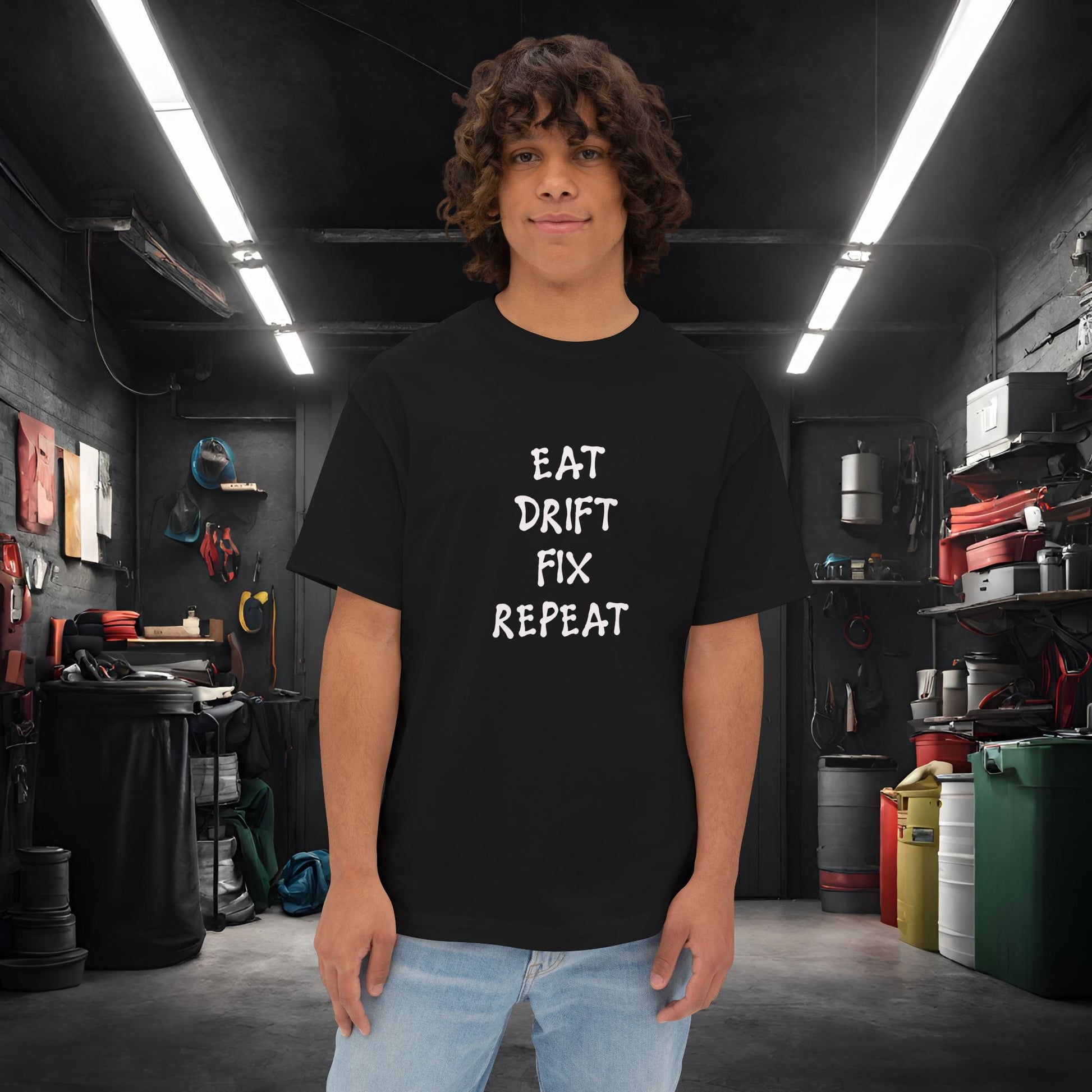 Eat, Drift, Fix, Repeat. I'll Sleep When I'm Dead-Premium, Ultra Soft, Unisex Oversized Boxy Tee Black Printify by The Night Shift Automotive Apparel