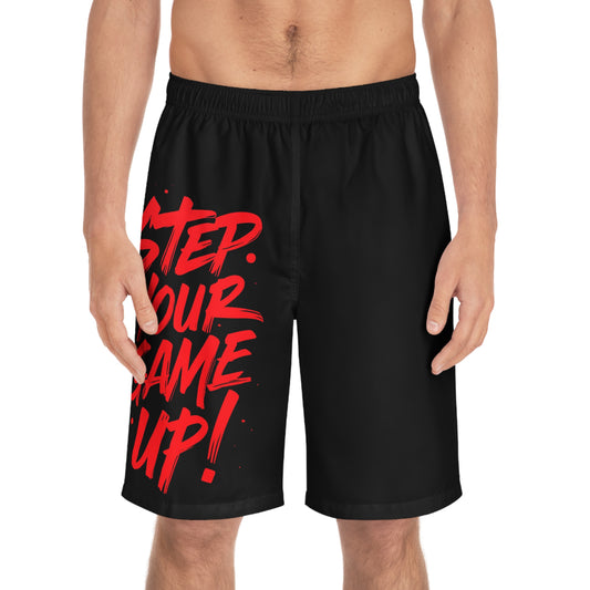 Step Your Game Up - Men's Relaxed Fit Board Shorts Seam thread color automatically matched to design Printify by The Night Shift Automotive Apparel