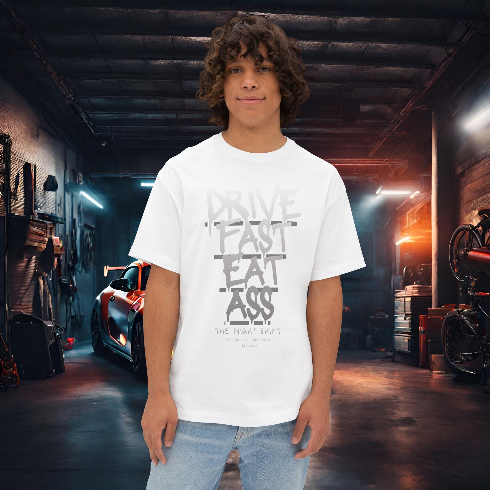 Drive Fast, Eat Ass-Premium, Ultra Soft Unisex Oversized Boxy Tee White Printify by The Night Shift Automotive Apparel