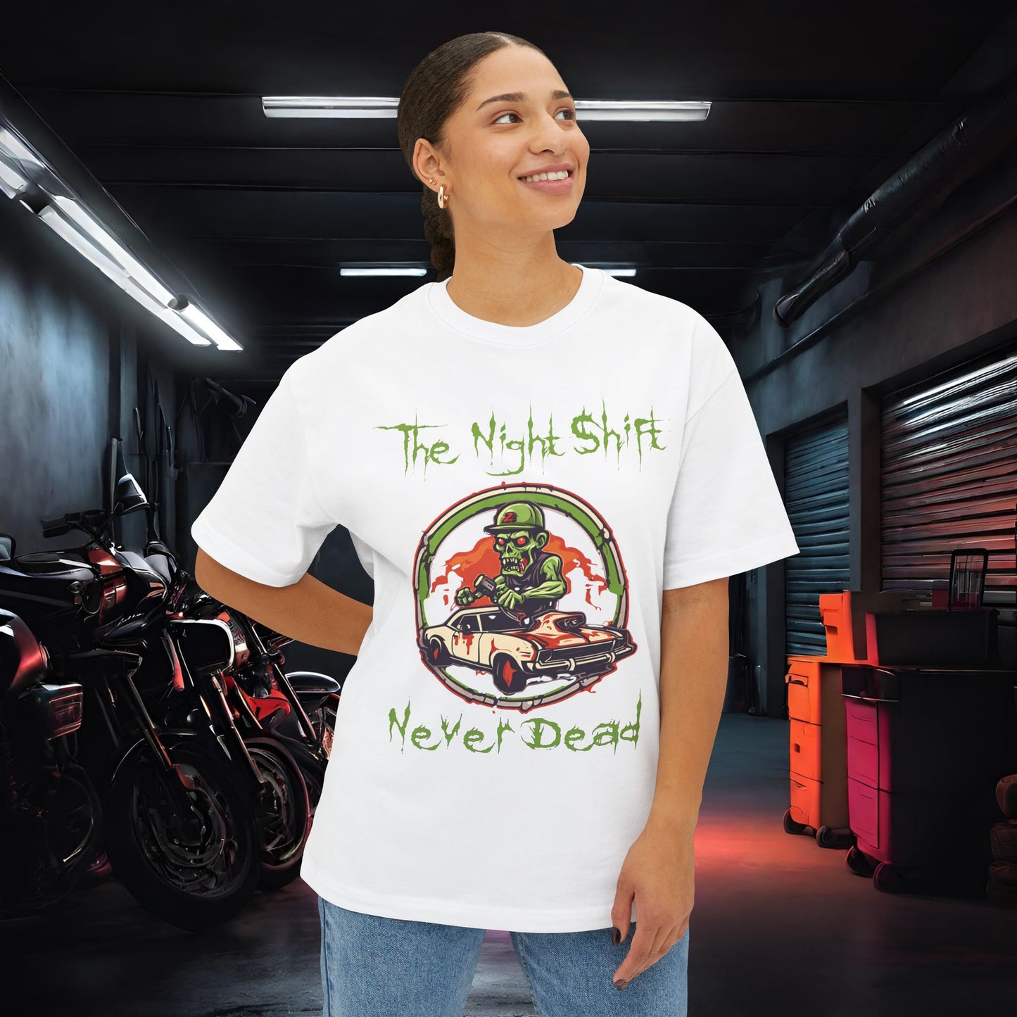 Never Dead Zombie Muscle Car-Premium, Ultra Soft Unisex Oversized Boxy Tee Printify by The Night Shift Automotive Apparel