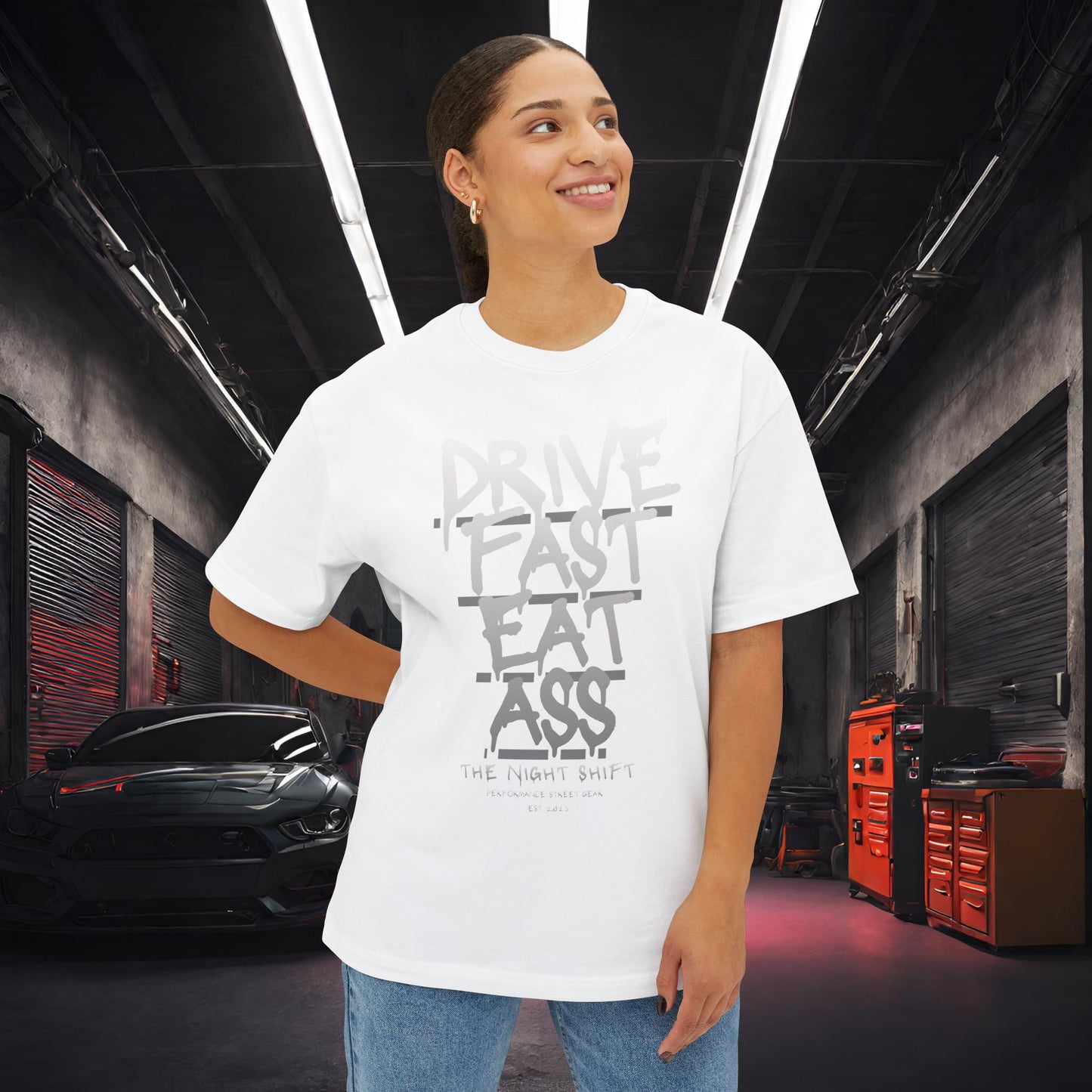 Drive Fast, Eat Ass-Premium, Ultra Soft Unisex Oversized Boxy Tee Printify by The Night Shift Automotive Apparel